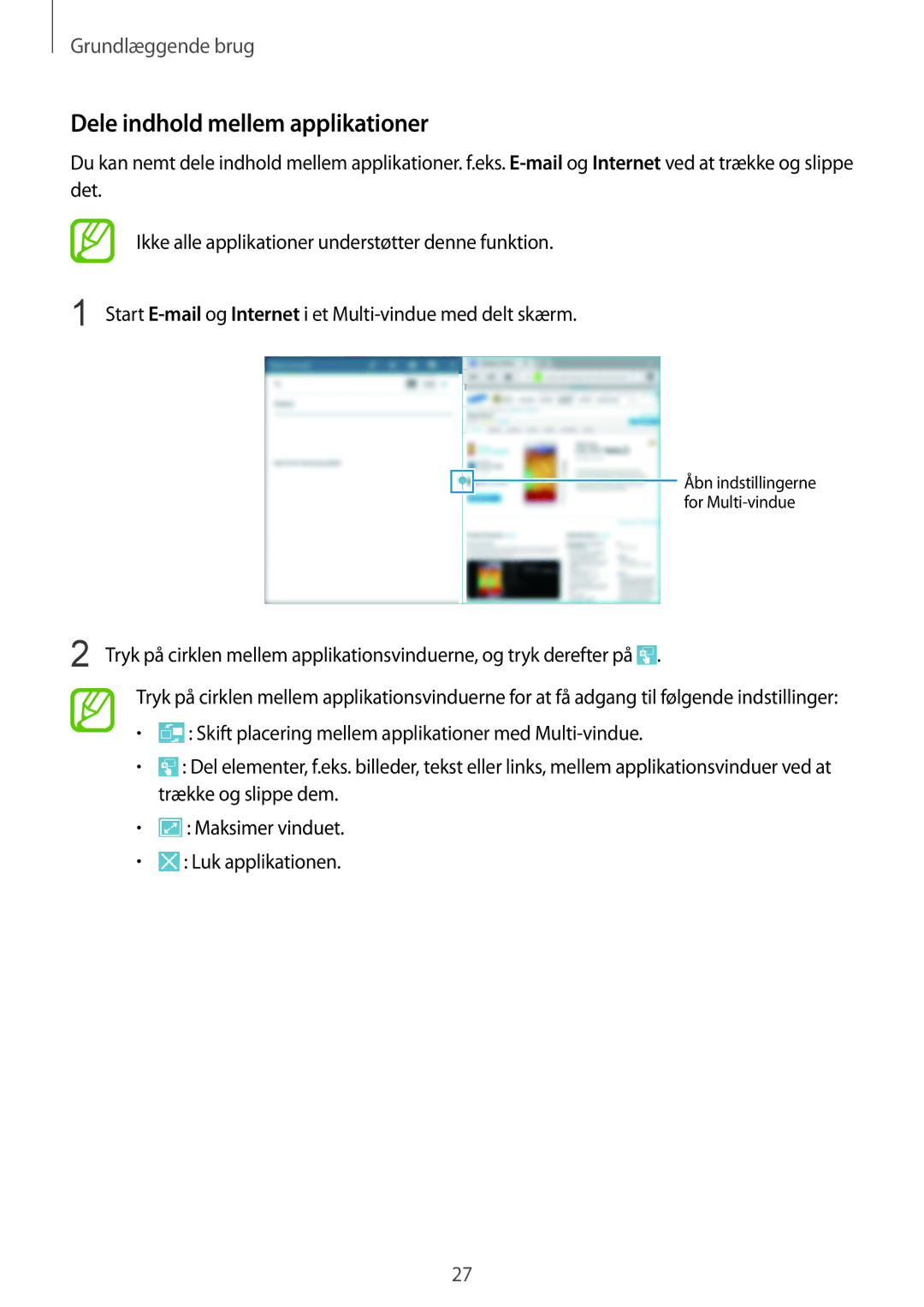 Samsung SM-T535NDWANEE, SM-T535NZWANEE, SM-T535NYKENEE, SM-T535NYKANEE manual Dele indhold mellem applikationer 