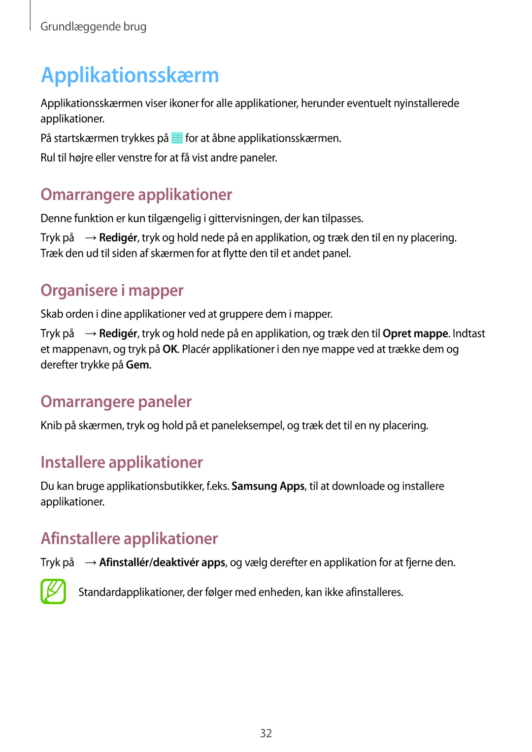 Samsung SM-T535NZWANEE manual Applikationsskærm, Omarrangere applikationer, Organisere i mapper, Installere applikationer 