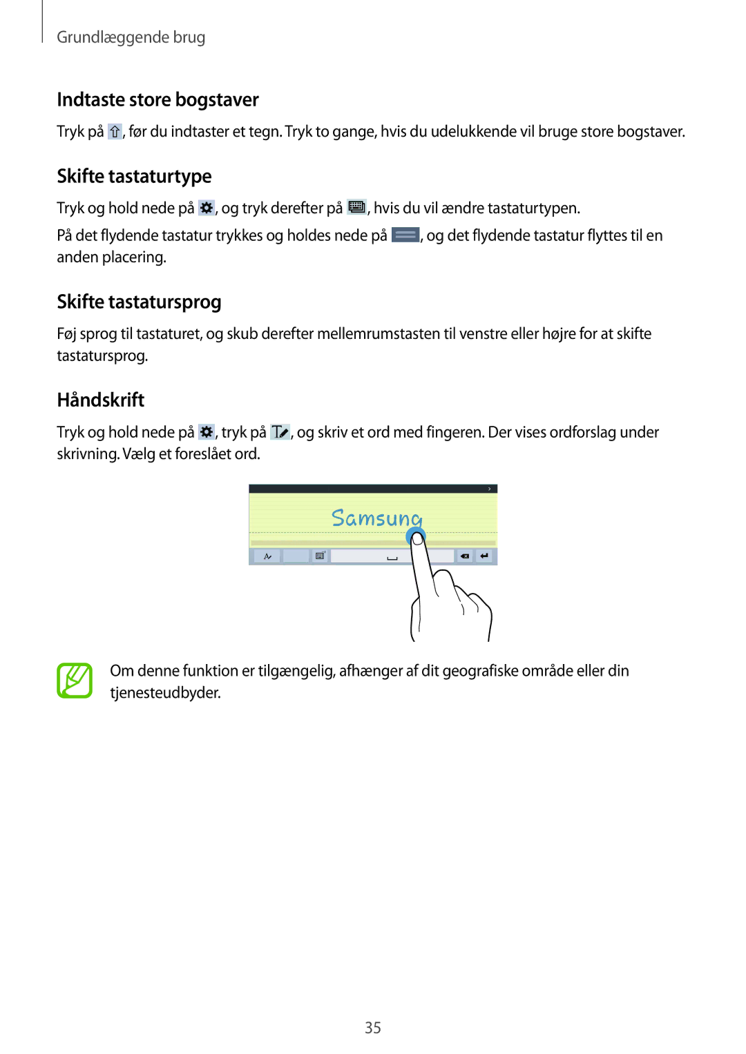 Samsung SM-T535NDWANEE, SM-T535NZWANEE Indtaste store bogstaver, Skifte tastaturtype, Skifte tastatursprog, Håndskrift 