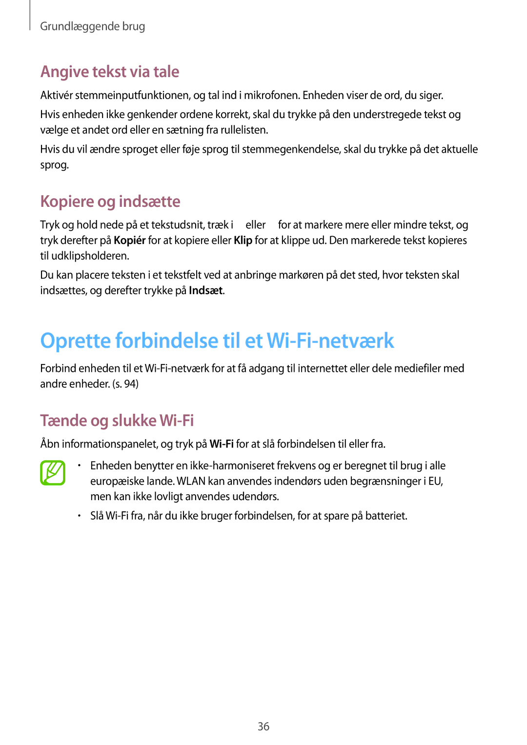 Samsung SM-T535NZWANEE manual Oprette forbindelse til et Wi-Fi-netværk, Angive tekst via tale, Kopiere og indsætte 