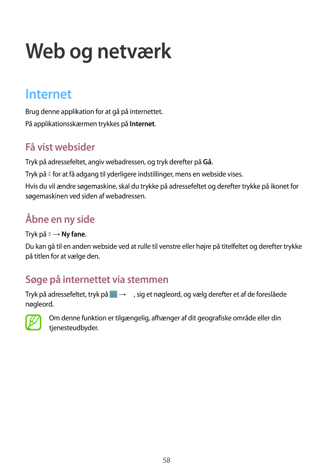 Samsung SM-T535NYKANEE manual Web og netværk, Internet, Få vist websider, Åbne en ny side, Søge på internettet via stemmen 