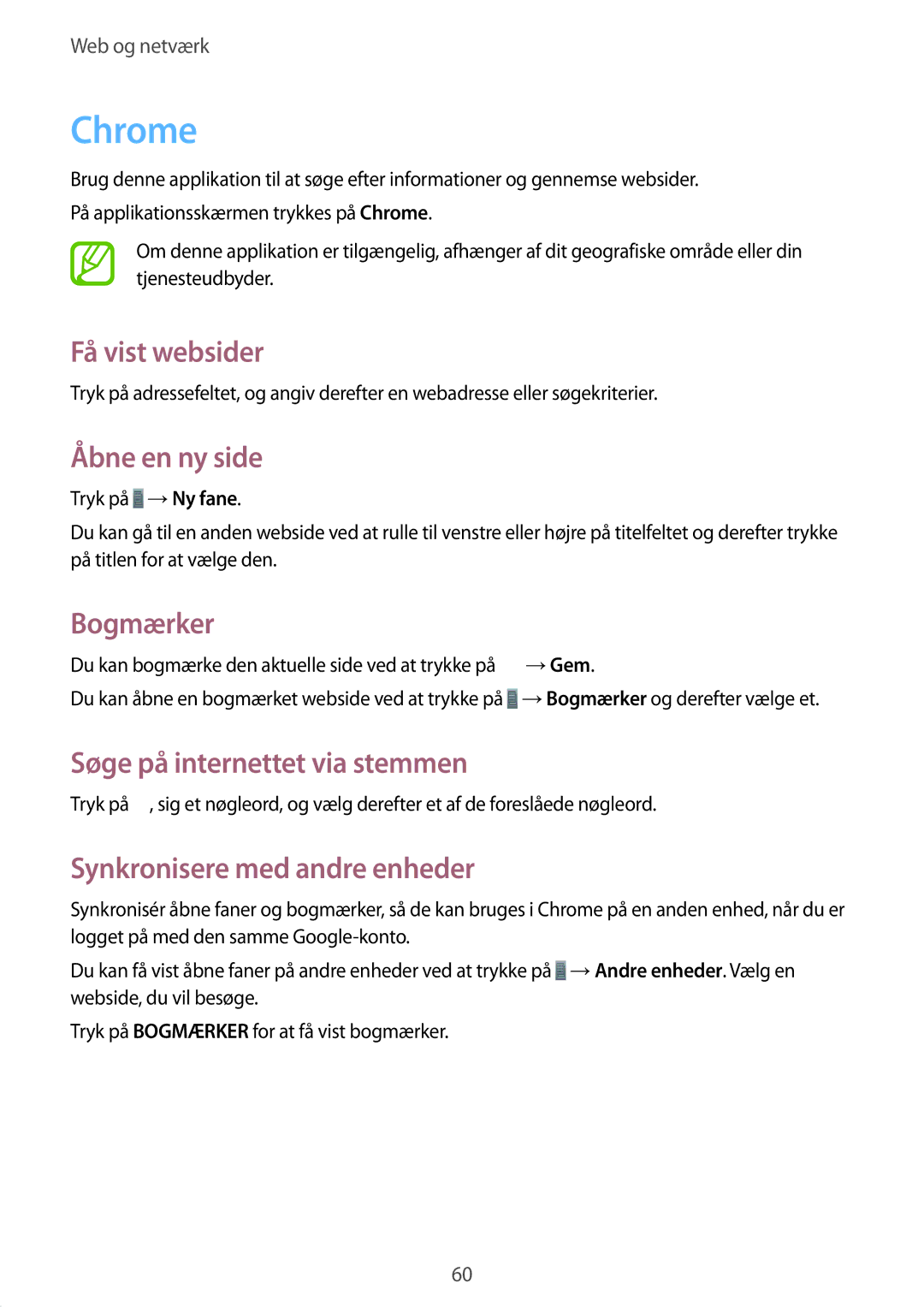 Samsung SM-T535NZWANEE, SM-T535NYKENEE, SM-T535NYKANEE, SM-T535NDWANEE manual Chrome, Synkronisere med andre enheder 