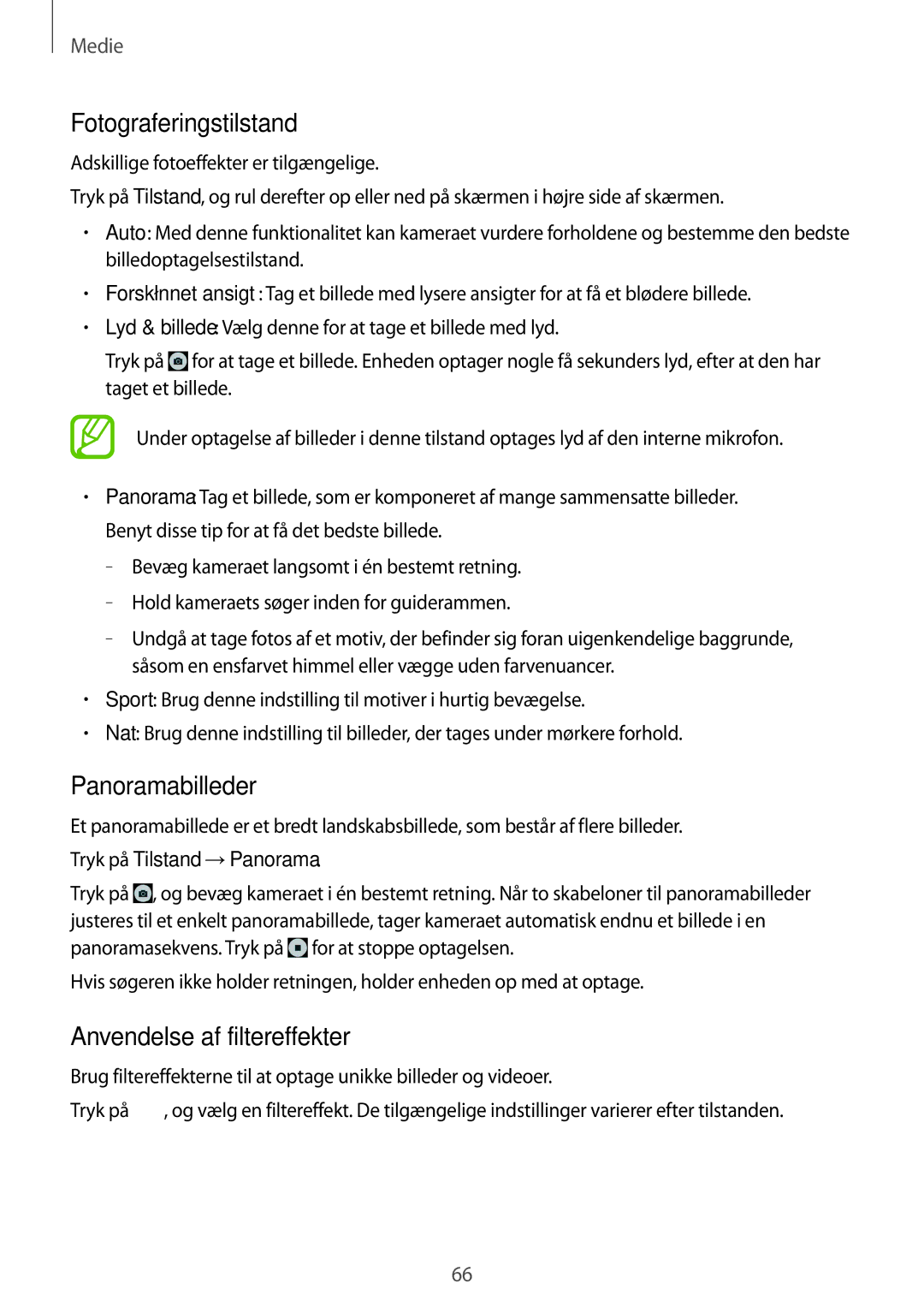 Samsung SM-T535NYKANEE, SM-T535NZWANEE manual Fotograferingstilstand, Panoramabilleder, Anvendelse af filtereffekter 