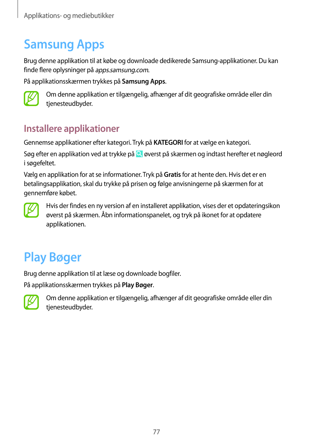 Samsung SM-T535NYKENEE, SM-T535NZWANEE, SM-T535NYKANEE, SM-T535NDWANEE manual Samsung Apps, Play Bøger 