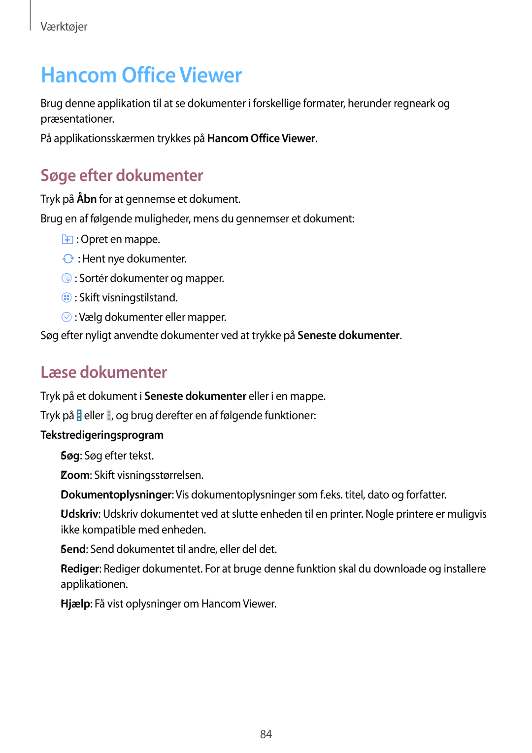 Samsung SM-T535NZWANEE manual Hancom Office Viewer, Søge efter dokumenter, Læse dokumenter, Tekstredigeringsprogram 