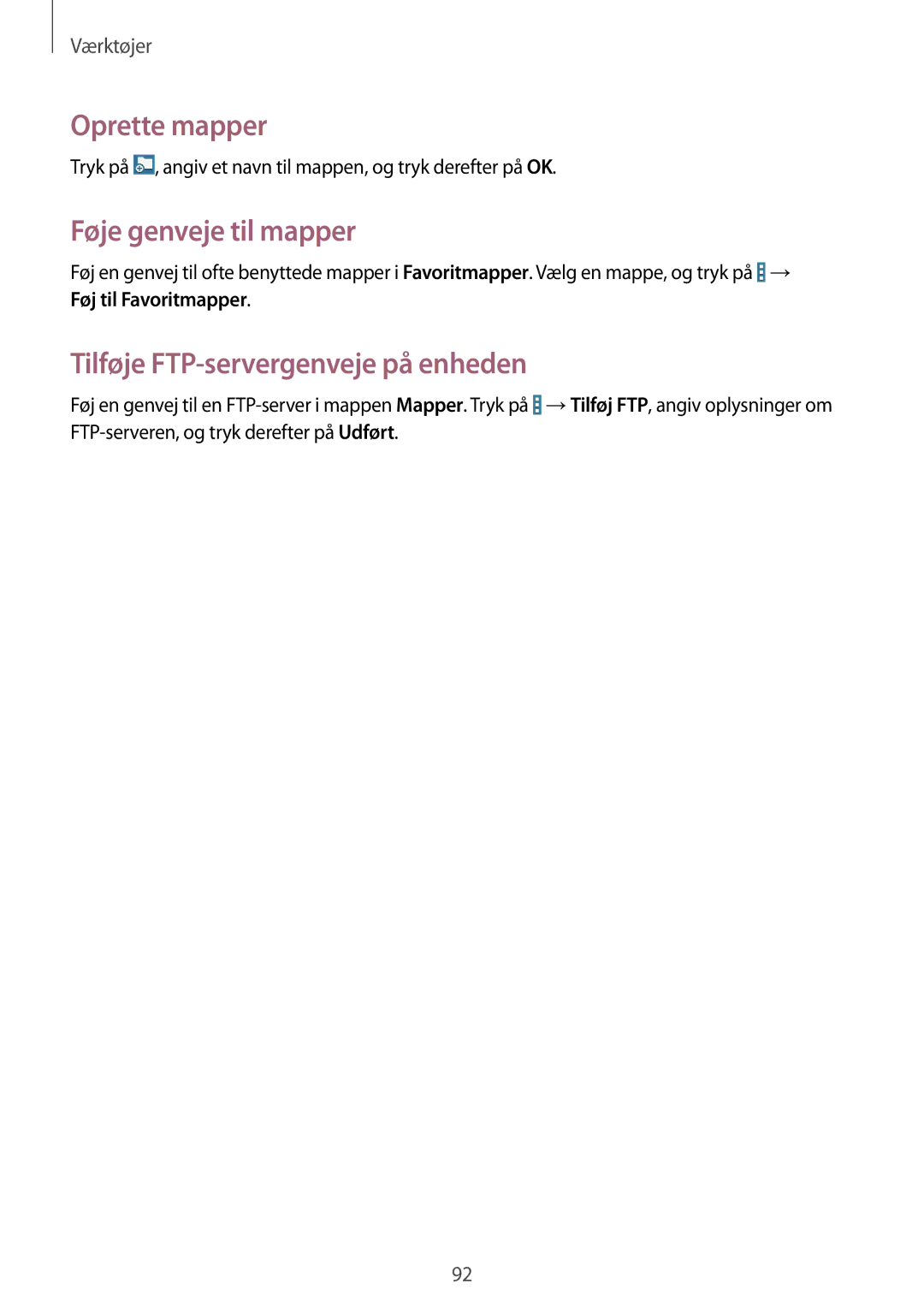 Samsung SM-T535NZWANEE, SM-T535NYKENEE manual Oprette mapper, Føje genveje til mapper, Tilføje FTP-servergenveje på enheden 