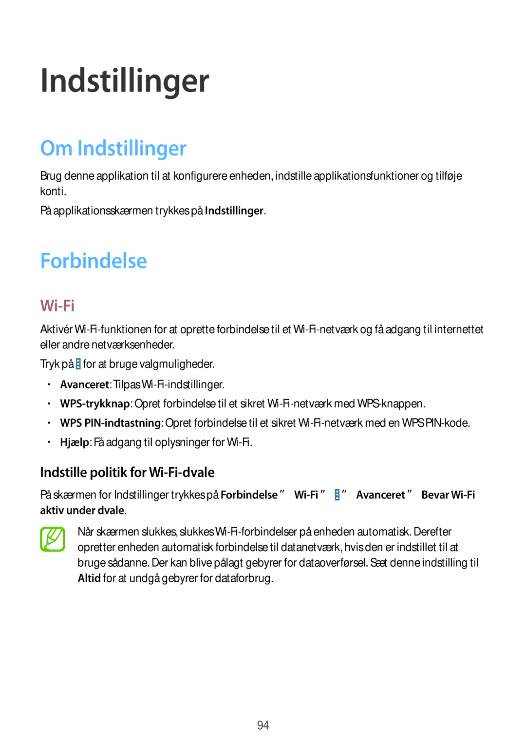 Samsung SM-T535NYKANEE, SM-T535NZWANEE manual Om Indstillinger, Forbindelse, Indstille politik for Wi-Fi-dvale 