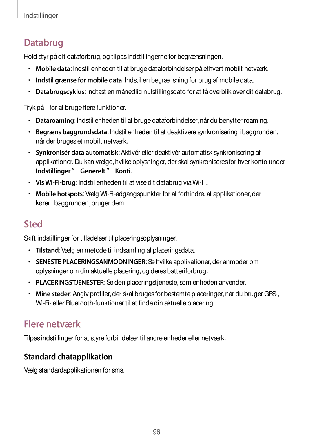 Samsung SM-T535NZWANEE, SM-T535NYKENEE, SM-T535NYKANEE manual Databrug, Sted, Flere netværk, Standard chatapplikation 