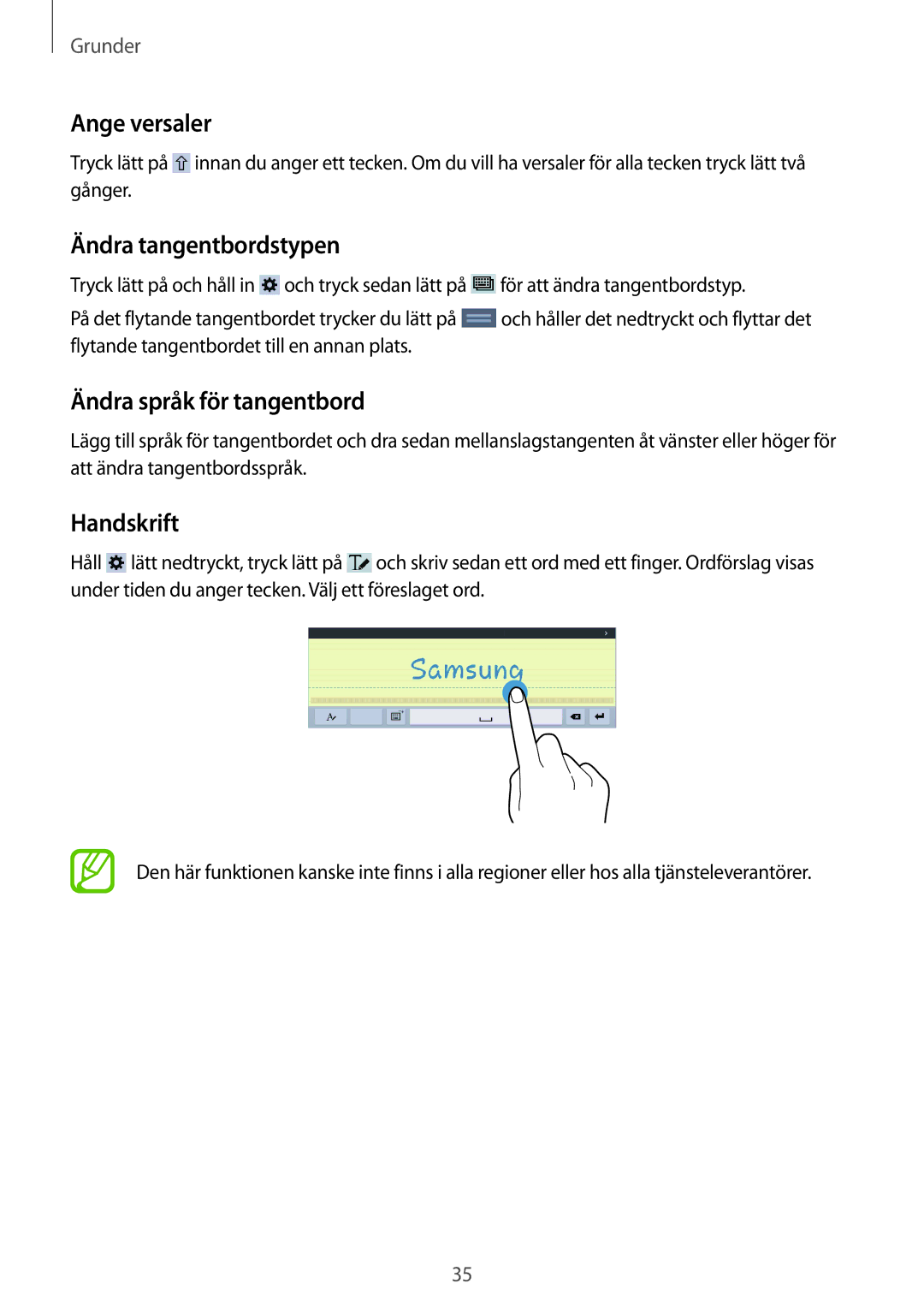 Samsung SM-T535NDWANEE, SM-T535NZWANEE Ange versaler, Ändra tangentbordstypen, Ändra språk för tangentbord, Handskrift 