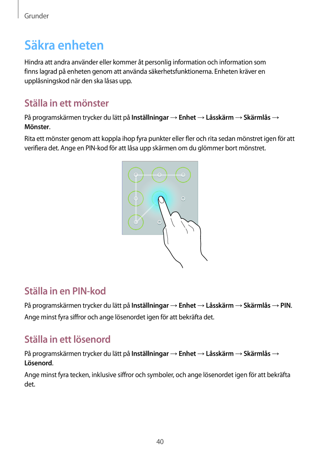 Samsung SM-T535NZWANEE, SM-T535NYKENEE Säkra enheten, Ställa in ett mönster, Ställa in en PIN-kod, Ställa in ett lösenord 