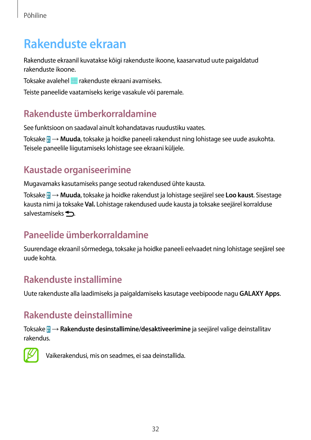 Samsung SM-T535NZWASEB Rakenduste ekraan, Rakenduste ümberkorraldamine, Kaustade organiseerimine, Rakenduste installimine 