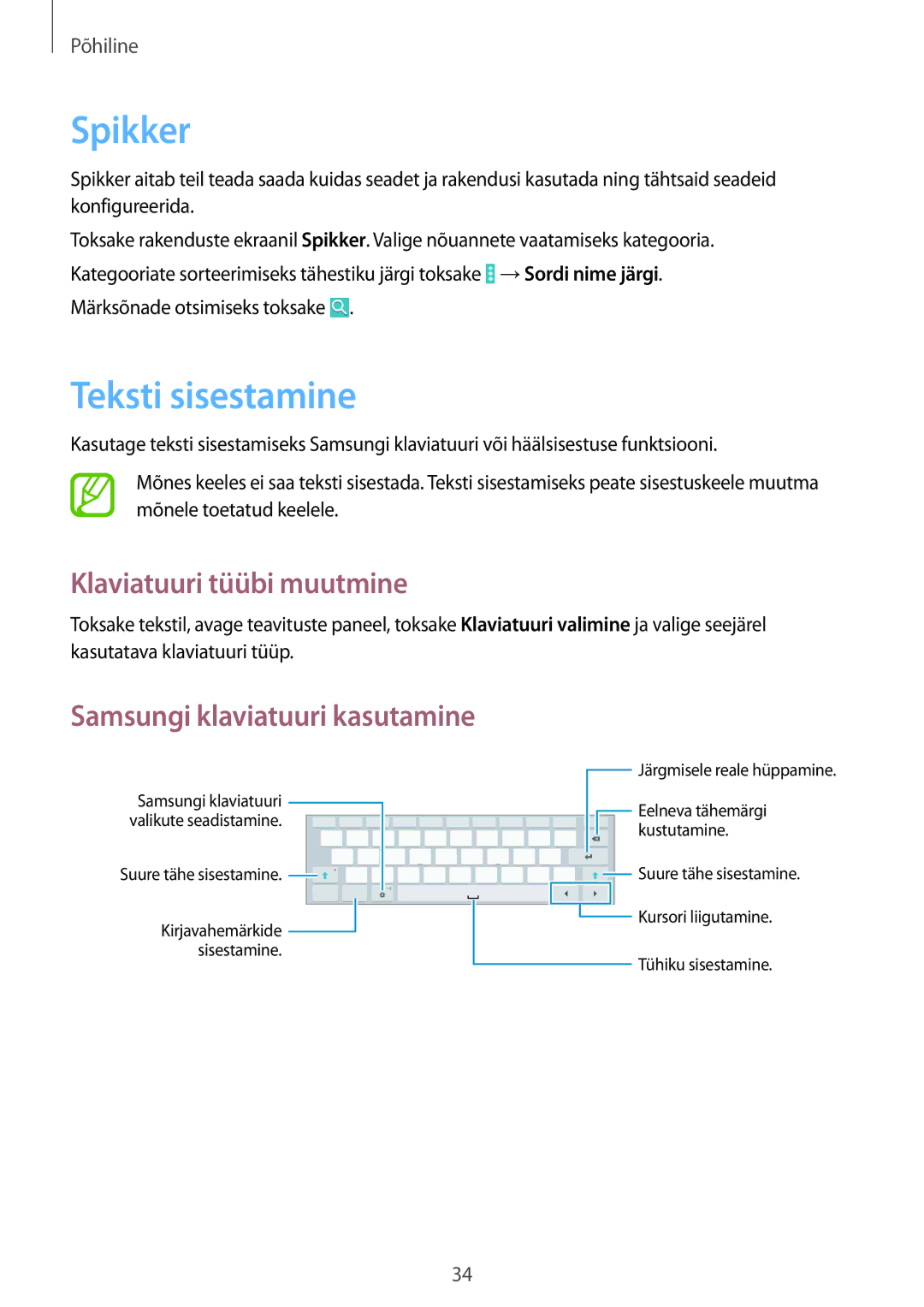 Samsung SM-T535NZWASEB, SM-T535NYKASEB manual Spikker, Teksti sisestamine, Klaviatuuri tüübi muutmine 