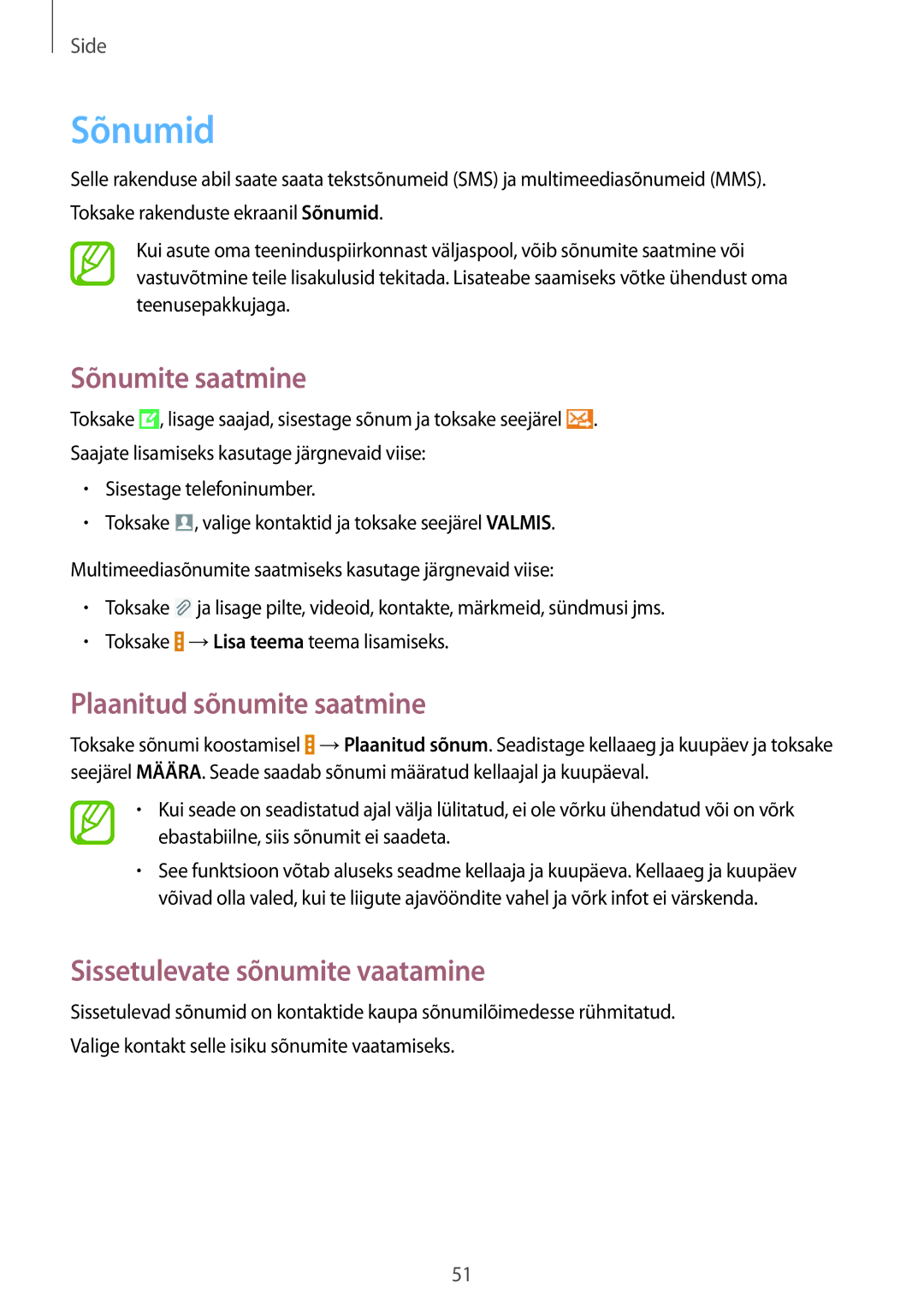 Samsung SM-T535NYKASEB manual Sõnumid, Sõnumite saatmine, Plaanitud sõnumite saatmine, Sissetulevate sõnumite vaatamine 