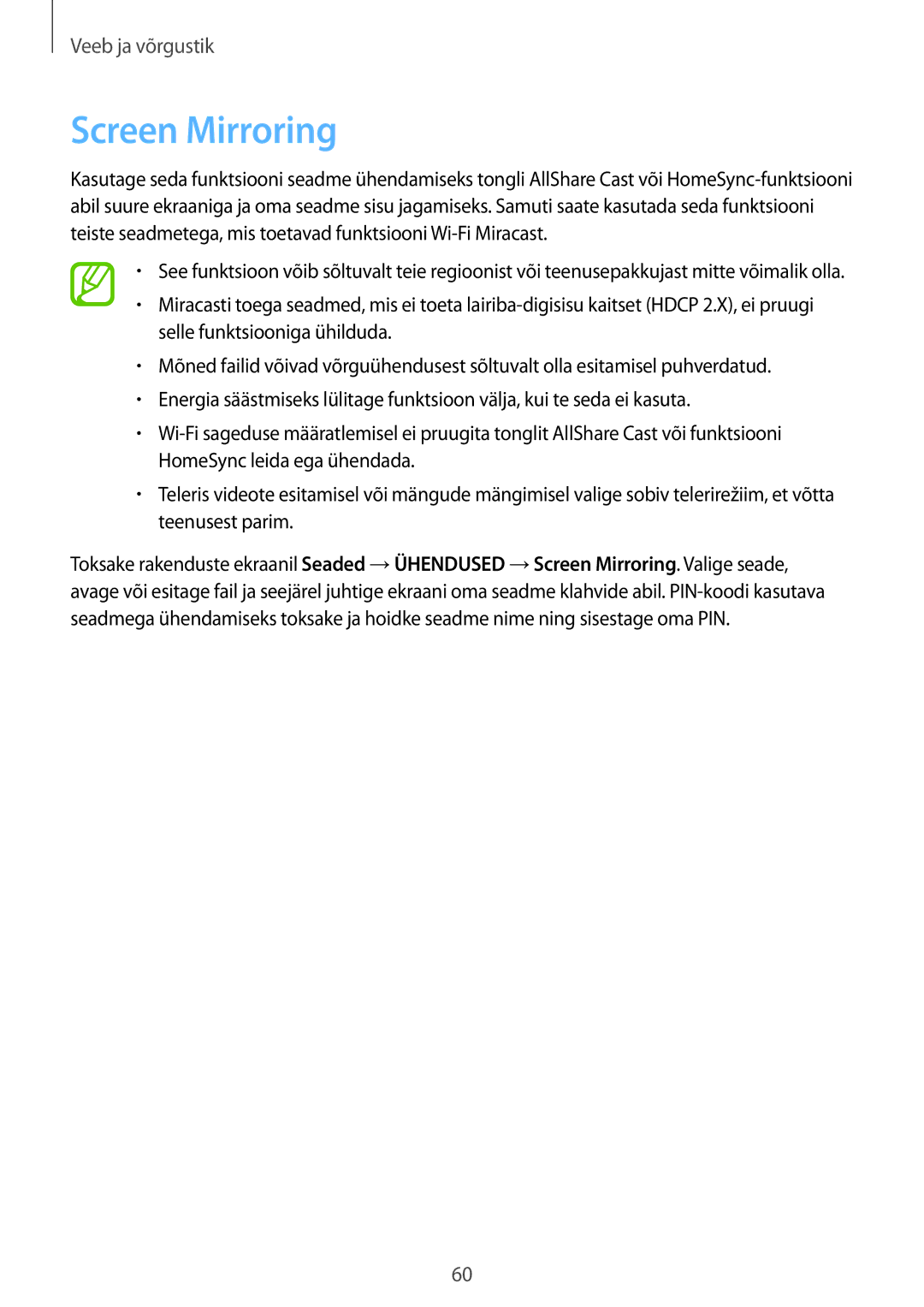 Samsung SM-T535NZWASEB, SM-T535NYKASEB manual Screen Mirroring 