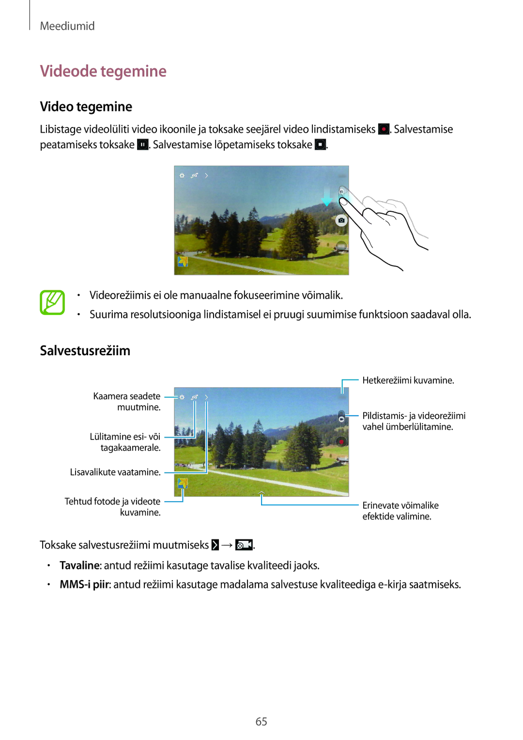 Samsung SM-T535NYKASEB, SM-T535NZWASEB manual Videode tegemine, Video tegemine, Salvestusrežiim 