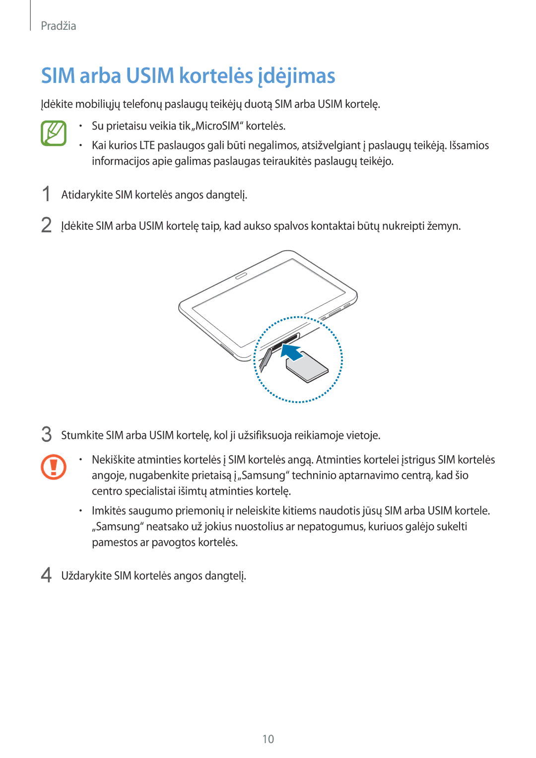 Samsung SM-T535NZWASEB, SM-T535NYKASEB manual SIM arba Usim kortelės įdėjimas 