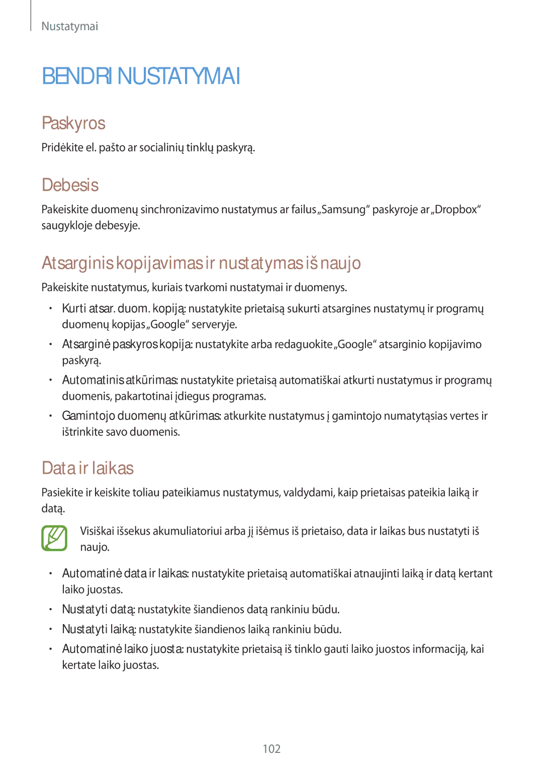 Samsung SM-T535NZWASEB, SM-T535NYKASEB Paskyros, Debesis, Atsarginis kopijavimas ir nustatymas iš naujo, Data ir laikas 