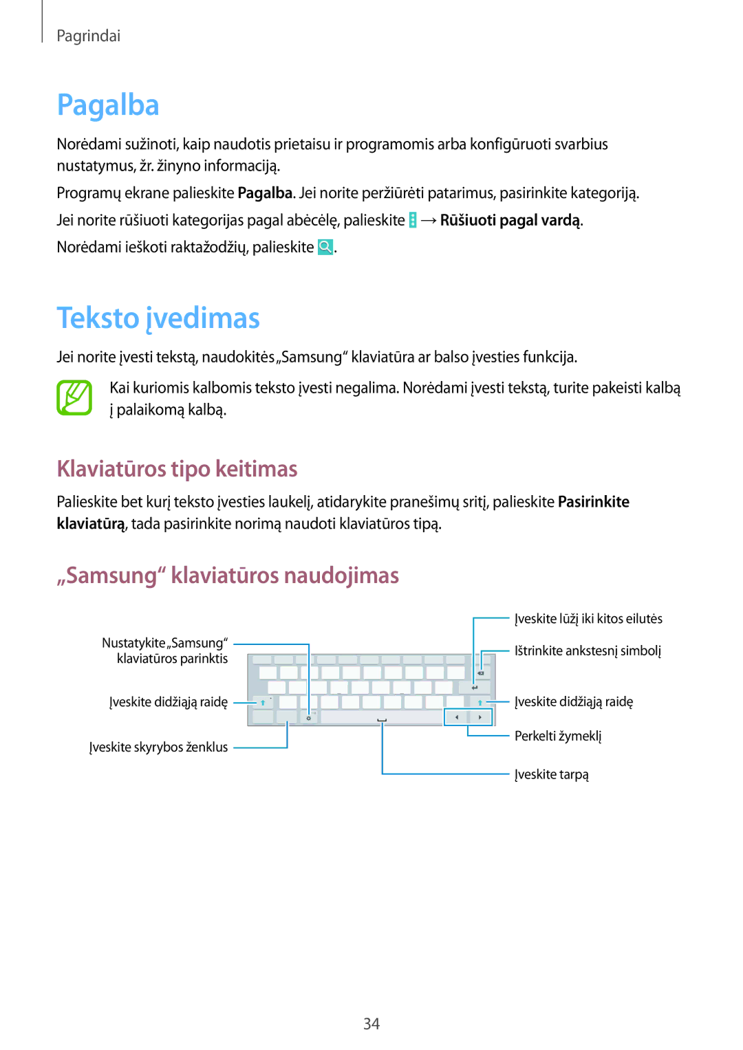 Samsung SM-T535NZWASEB manual Pagalba, Teksto įvedimas, Klaviatūros tipo keitimas, „Samsung klaviatūros naudojimas 