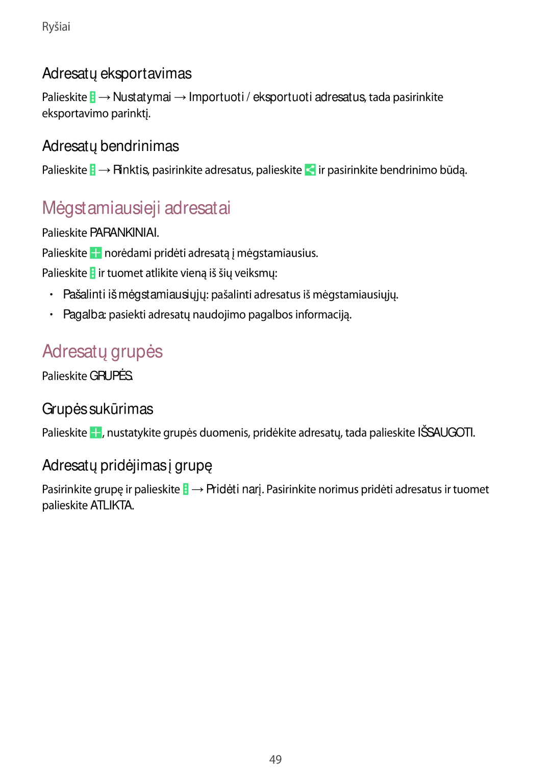 Samsung SM-T535NYKASEB, SM-T535NZWASEB manual Mėgstamiausieji adresatai, Adresatų grupės 