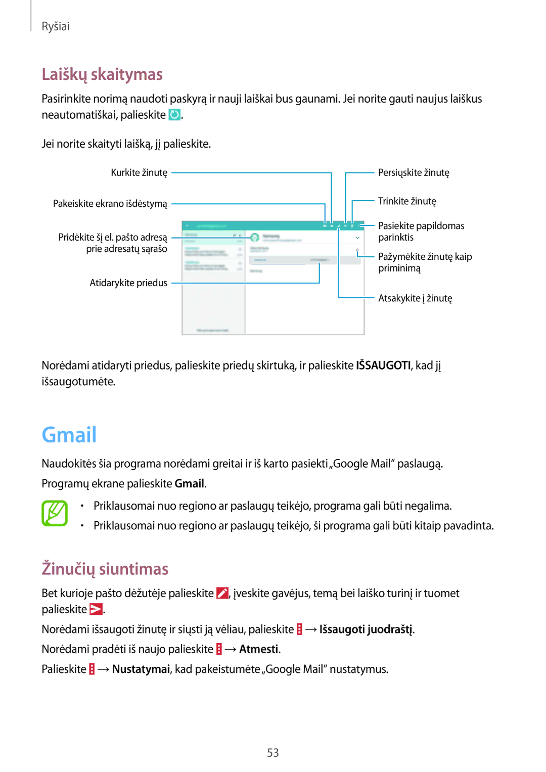 Samsung SM-T535NYKASEB, SM-T535NZWASEB manual Gmail, Laiškų skaitymas 