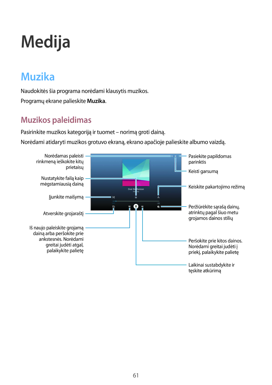 Samsung SM-T535NYKASEB, SM-T535NZWASEB manual Medija, Muzika, Muzikos paleidimas 