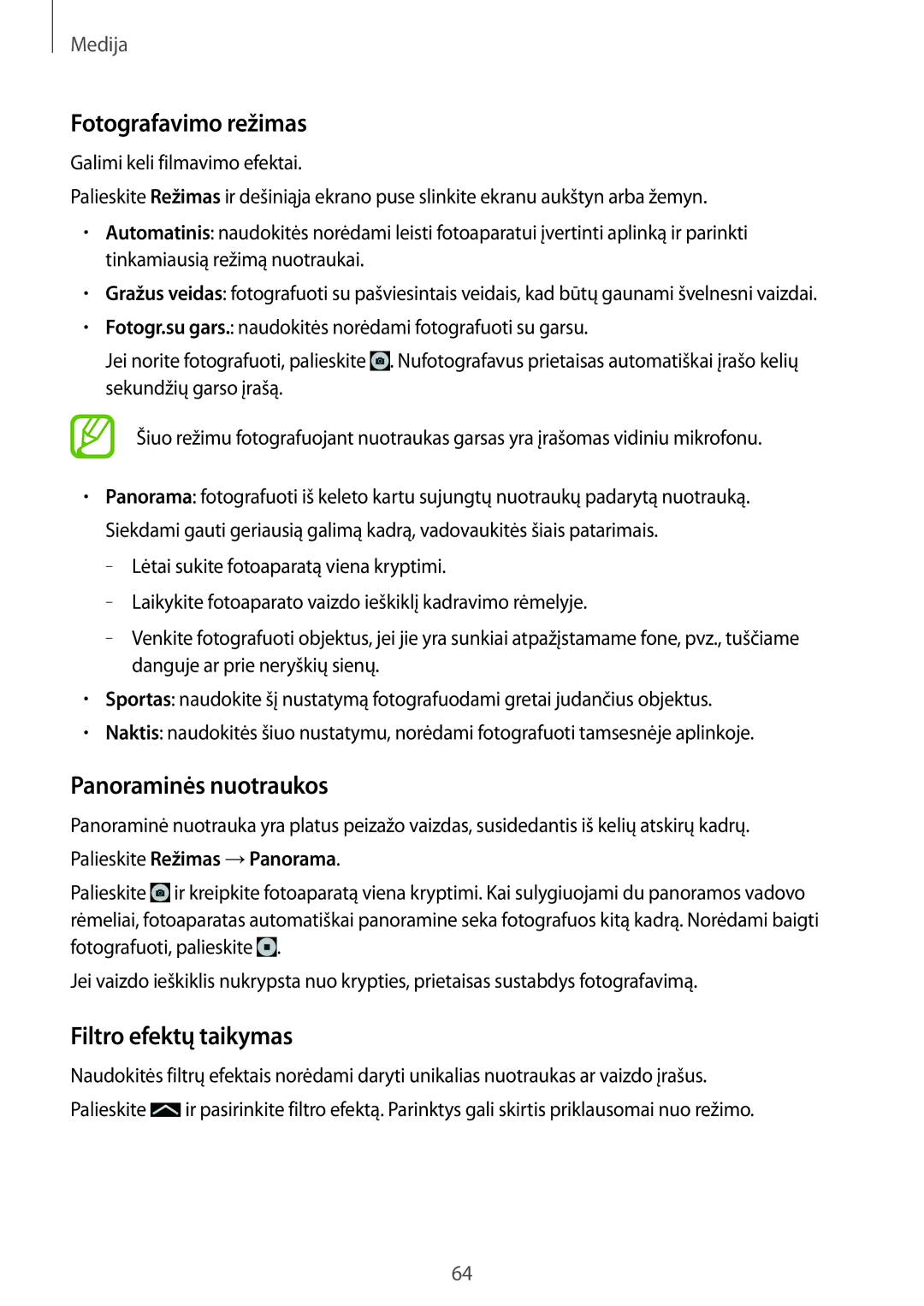 Samsung SM-T535NZWASEB Fotografavimo režimas, Panoraminės nuotraukos, Filtro efektų taikymas, Palieskite Režimas →Panorama 