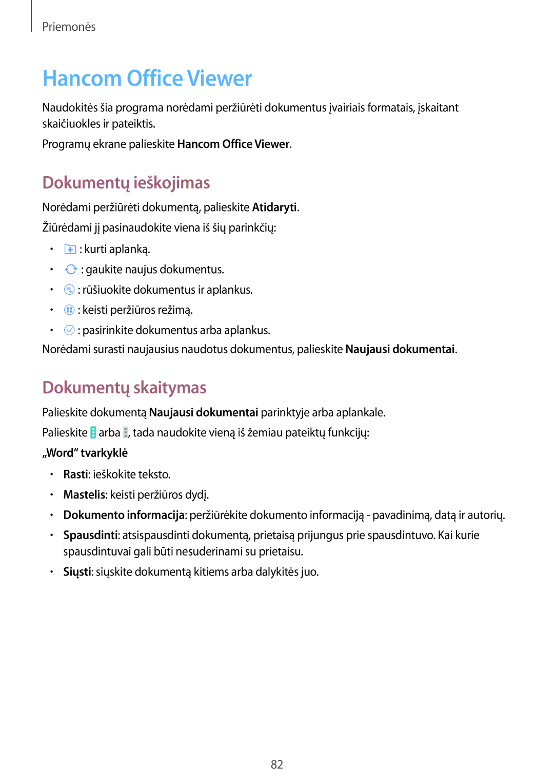Samsung SM-T535NZWASEB, SM-T535NYKASEB Hancom Office Viewer, Dokumentų ieškojimas, Dokumentų skaitymas, „Word tvarkyklė 