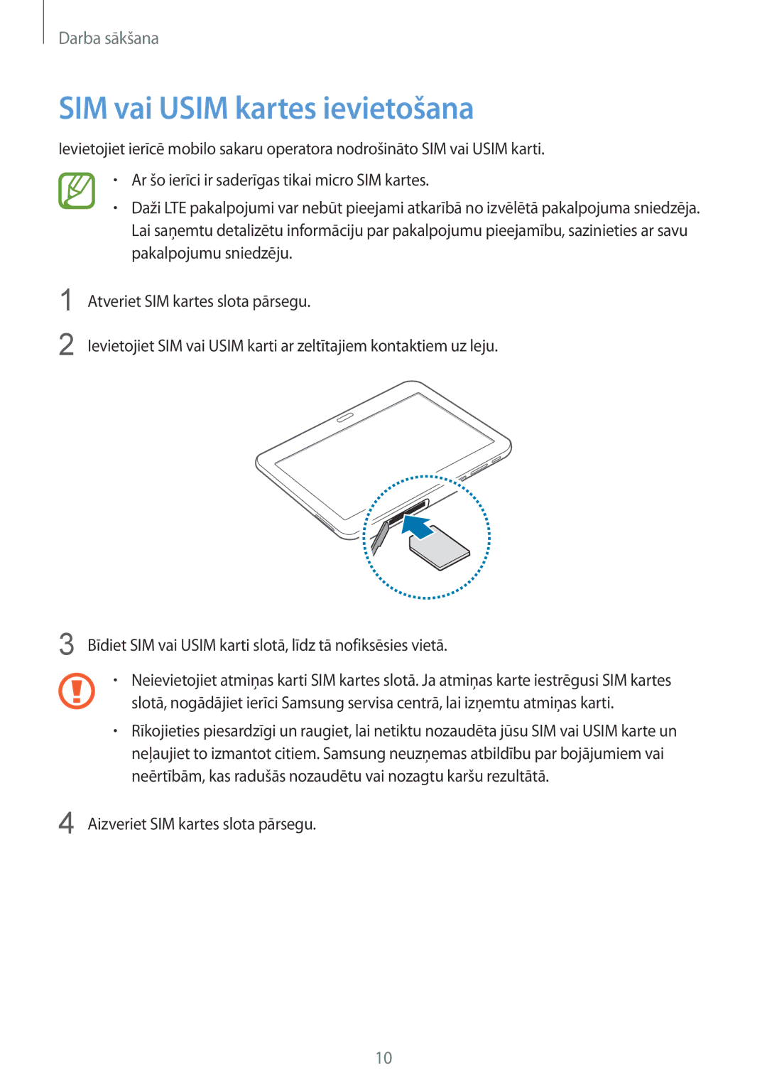 Samsung SM-T535NZWASEB, SM-T535NYKASEB manual SIM vai Usim kartes ievietošana, Aizveriet SIM kartes slota pārsegu 