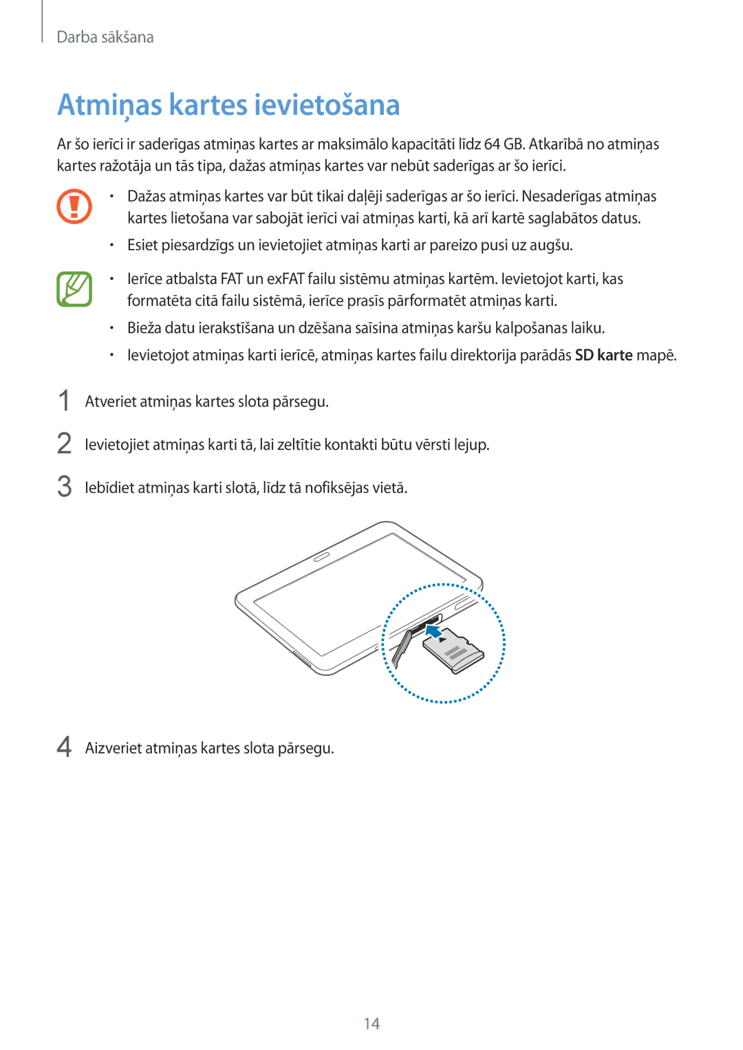 Samsung SM-T535NZWASEB, SM-T535NYKASEB manual Atmiņas kartes ievietošana 