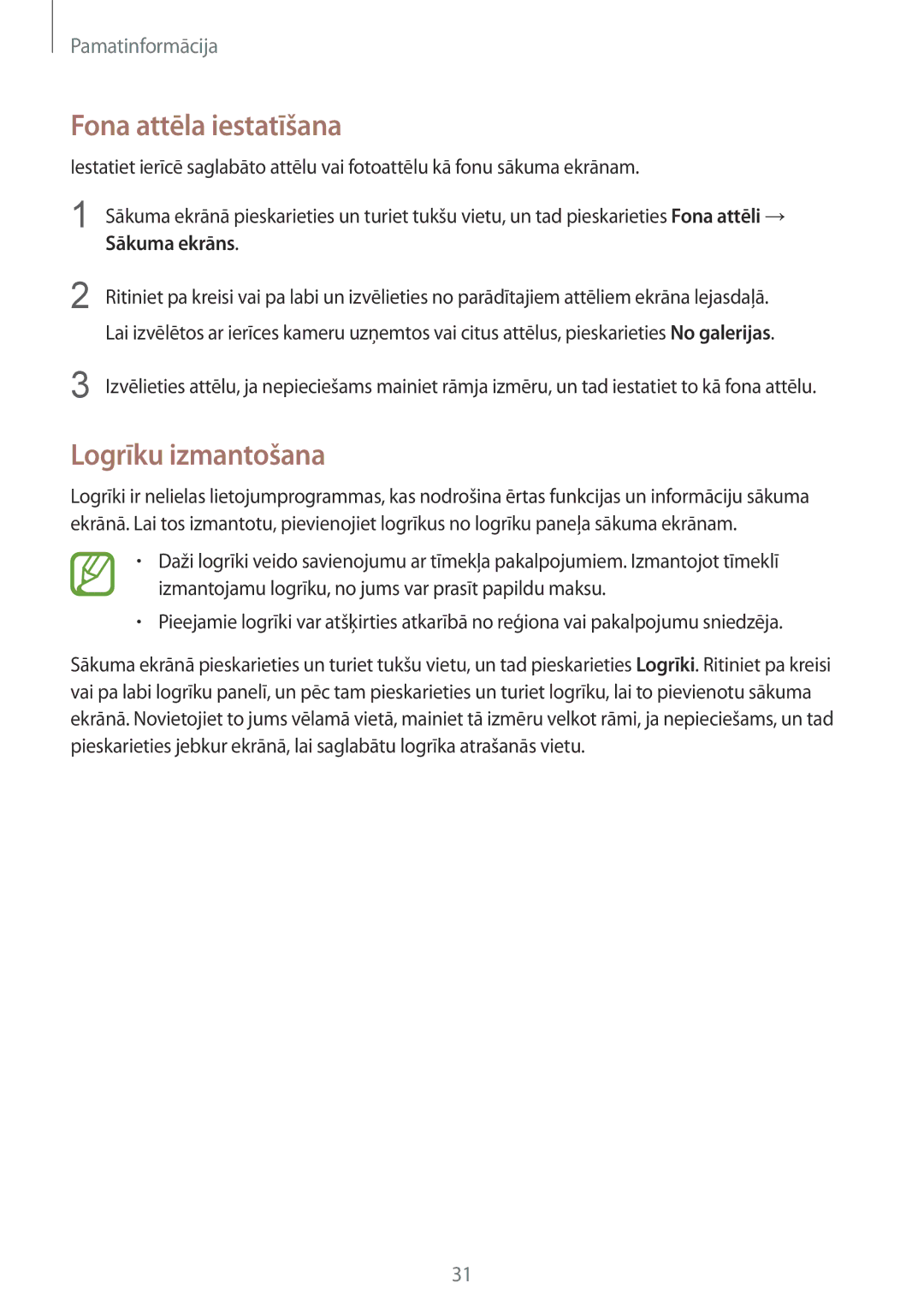 Samsung SM-T535NYKASEB, SM-T535NZWASEB manual Fona attēla iestatīšana, Logrīku izmantošana 