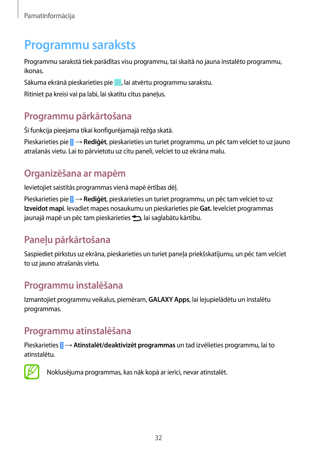 Samsung SM-T535NZWASEB manual Programmu saraksts, Programmu pārkārtošana, Organizēšana ar mapēm, Programmu instalēšana 