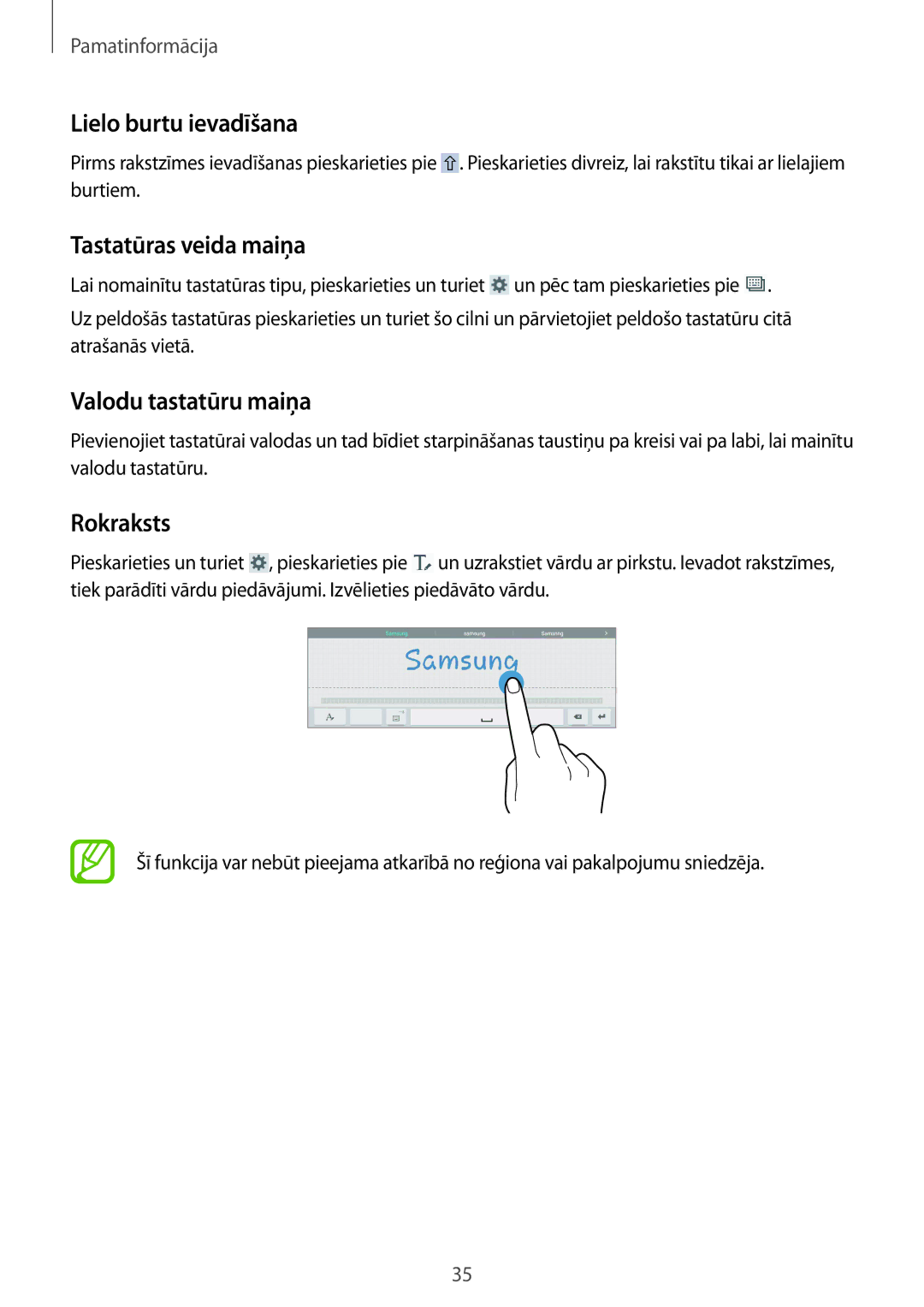 Samsung SM-T535NYKASEB, SM-T535NZWASEB Lielo burtu ievadīšana, Tastatūras veida maiņa, Valodu tastatūru maiņa, Rokraksts 