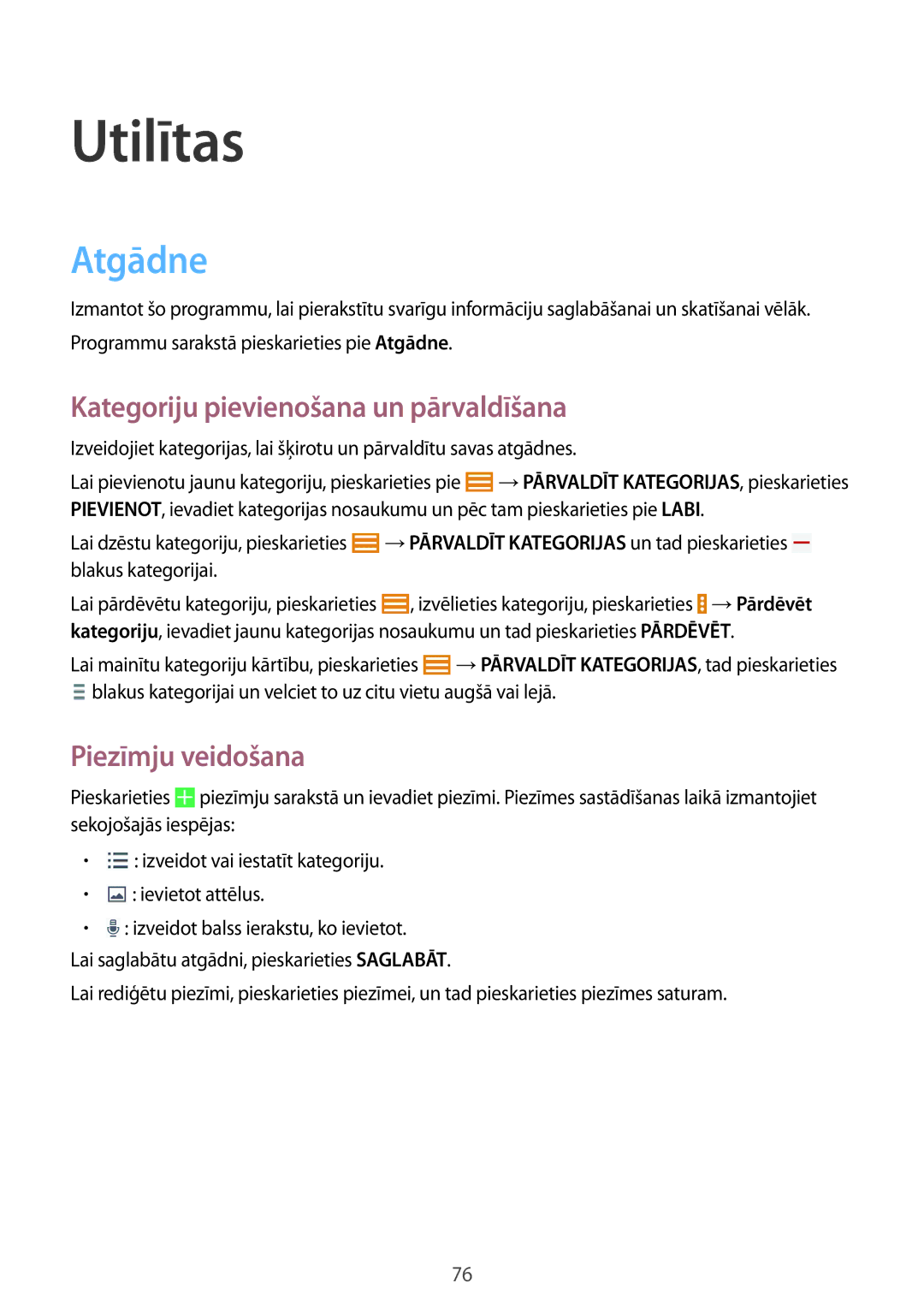 Samsung SM-T535NZWASEB, SM-T535NYKASEB manual Utilītas, Atgādne, Kategoriju pievienošana un pārvaldīšana, Piezīmju veidošana 