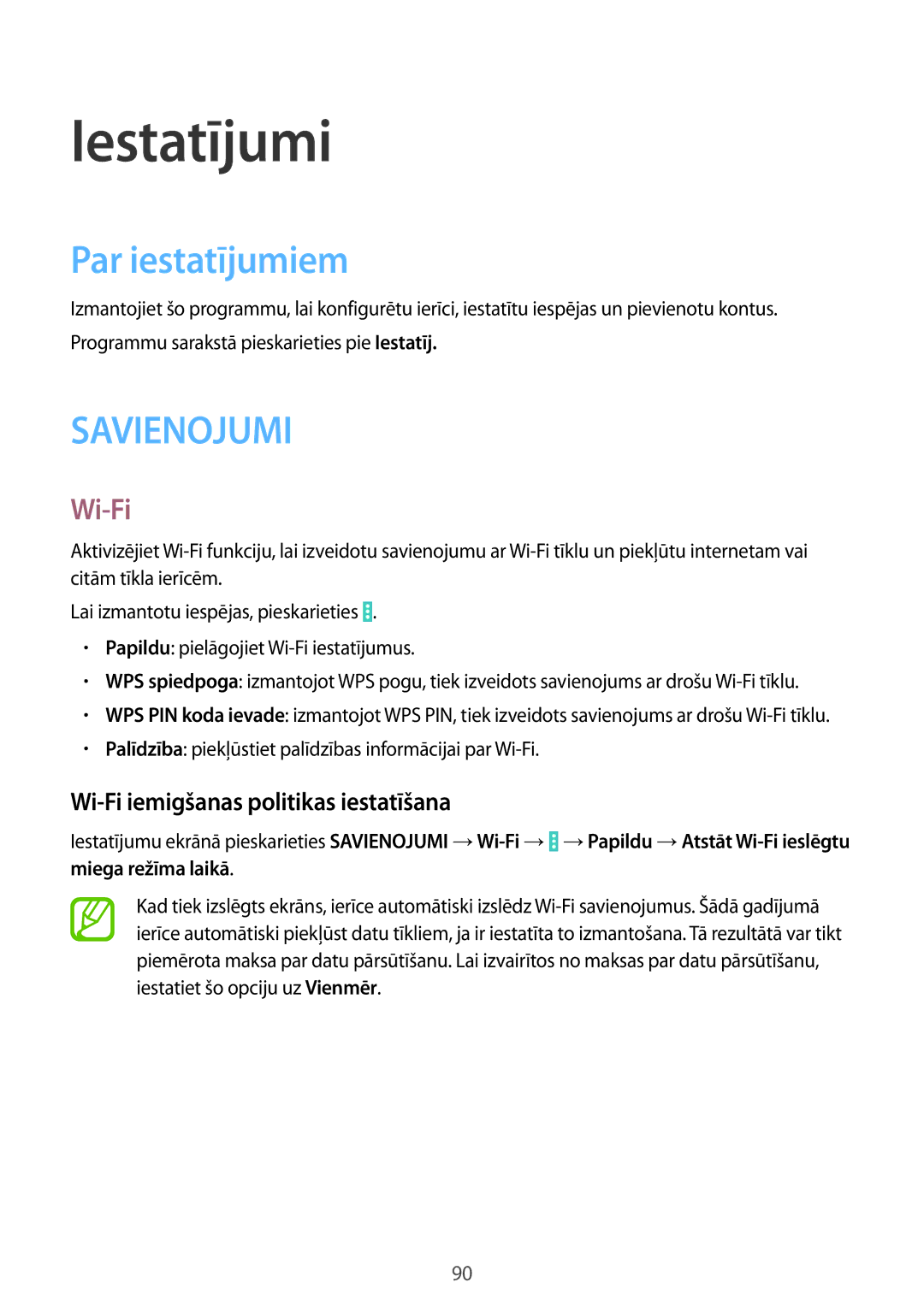 Samsung SM-T535NZWASEB, SM-T535NYKASEB manual Iestatījumi, Par iestatījumiem, Wi-Fi iemigšanas politikas iestatīšana 