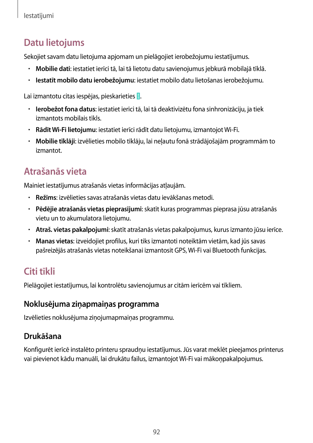 Samsung SM-T535NZWASEB manual Datu lietojums, Atrašanās vieta, Citi tīkli, Noklusējuma ziņapmaiņas programma, Drukāšana 