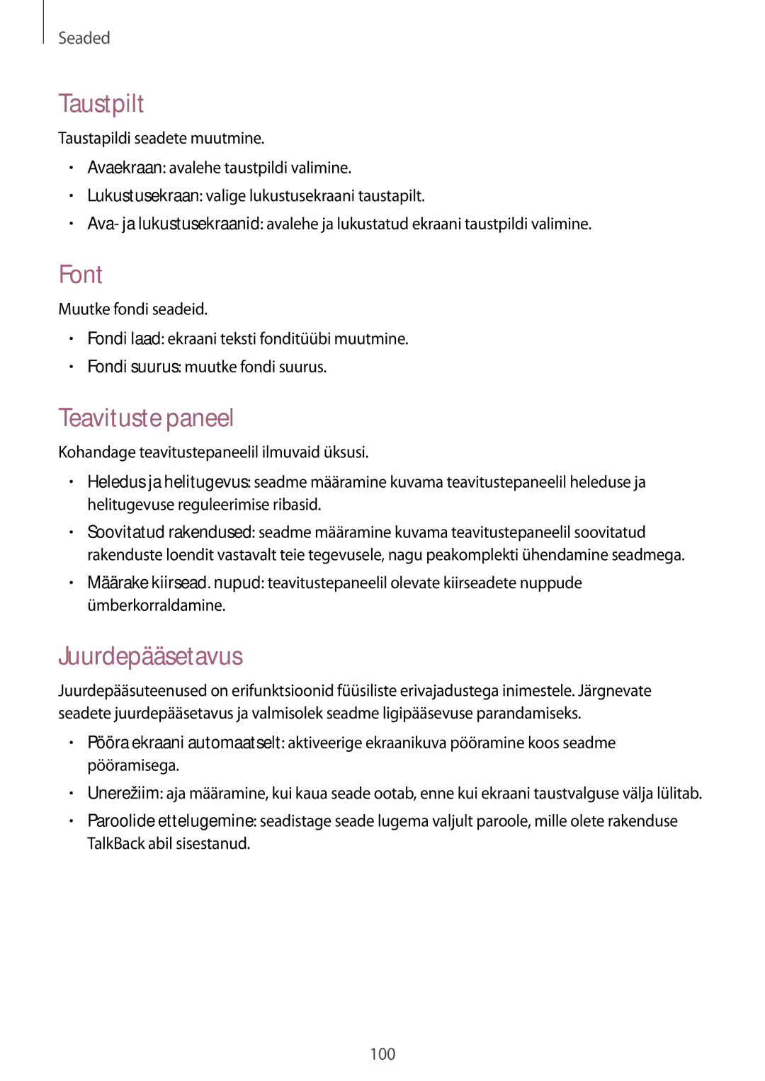 Samsung SM-T535NZWASEB, SM-T535NYKASEB manual Taustpilt, Font, Teavituste paneel, Juurdepääsetavus 