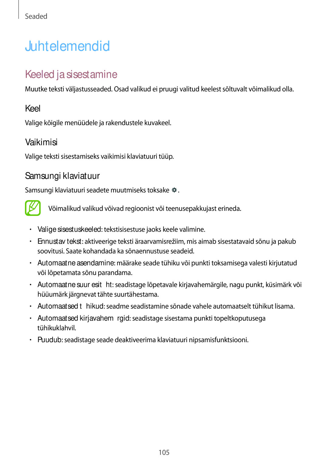 Samsung SM-T535NYKASEB, SM-T535NZWASEB manual Juhtelemendid, Keeled ja sisestamine, Vaikimisi, Samsungi klaviatuur 