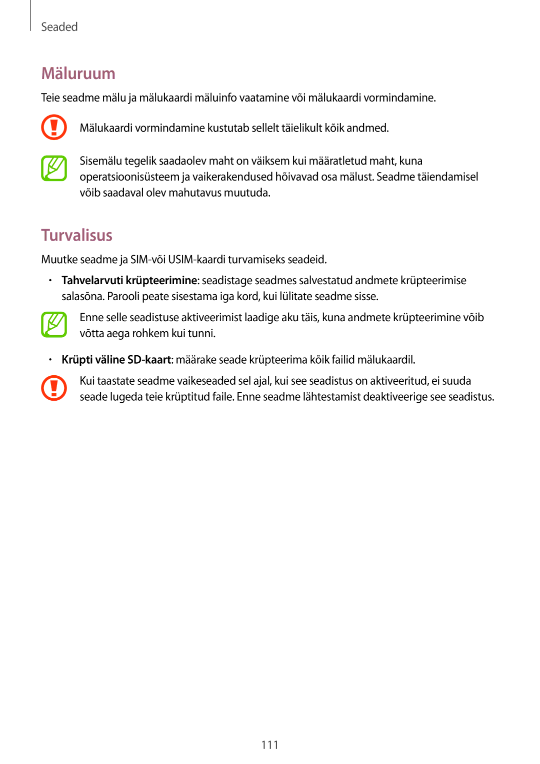 Samsung SM-T535NYKASEB, SM-T535NZWASEB manual Mäluruum, Turvalisus 