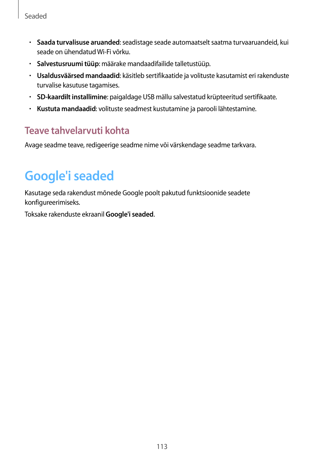 Samsung SM-T535NYKASEB, SM-T535NZWASEB manual Googlei seaded, Teave tahvelarvuti kohta 