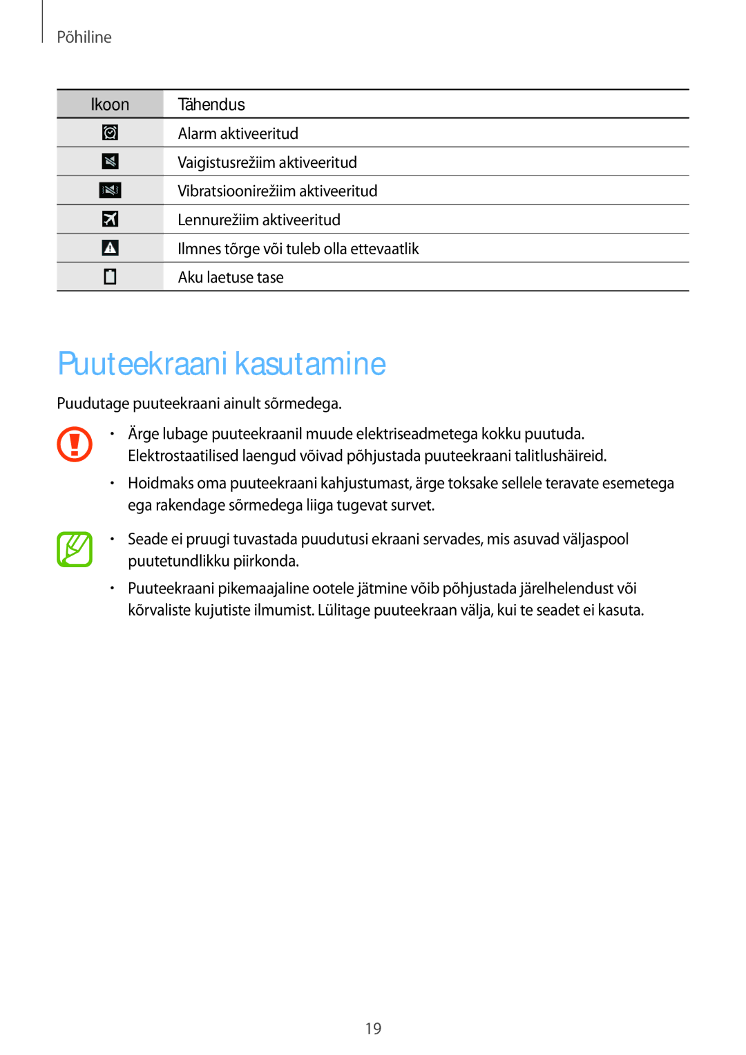 Samsung SM-T535NYKASEB, SM-T535NZWASEB manual Puuteekraani kasutamine, Põhiline 