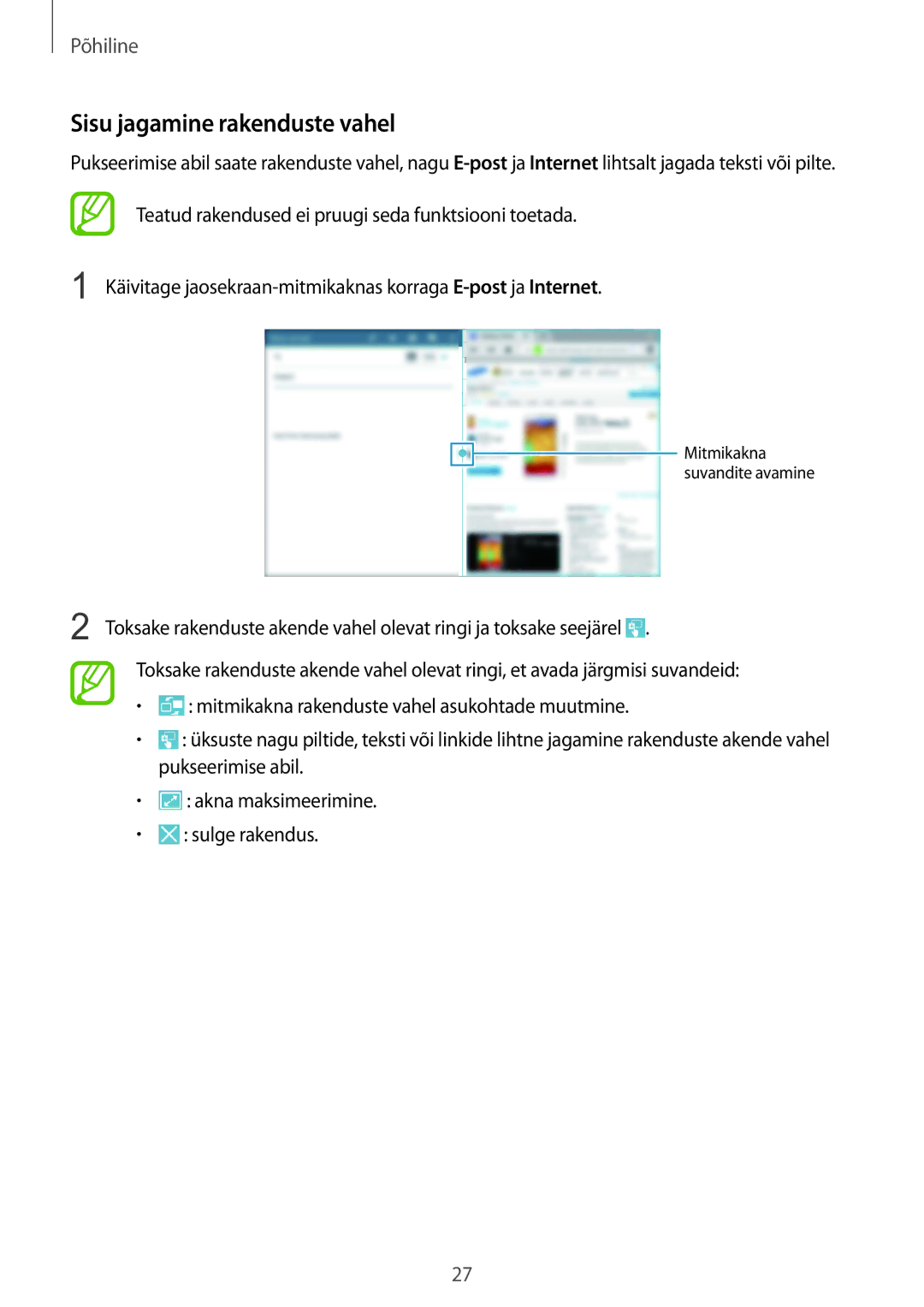 Samsung SM-T535NYKASEB, SM-T535NZWASEB manual Sisu jagamine rakenduste vahel 