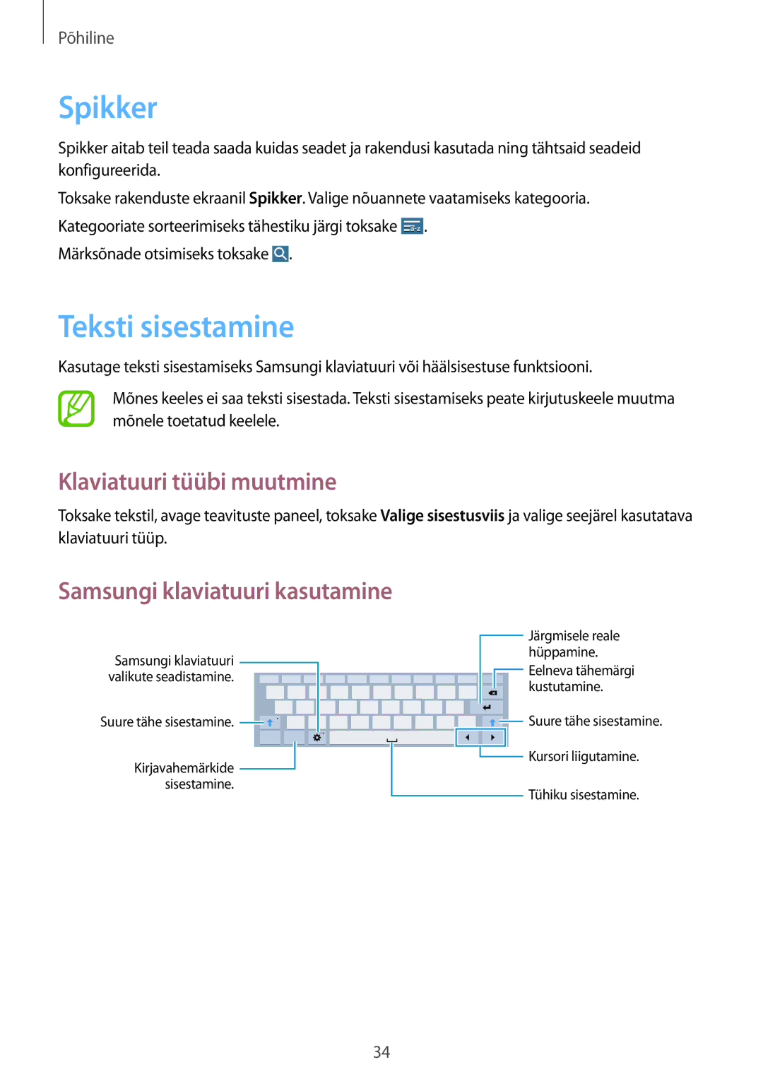 Samsung SM-T535NZWASEB, SM-T535NYKASEB manual Spikker, Teksti sisestamine, Klaviatuuri tüübi muutmine 