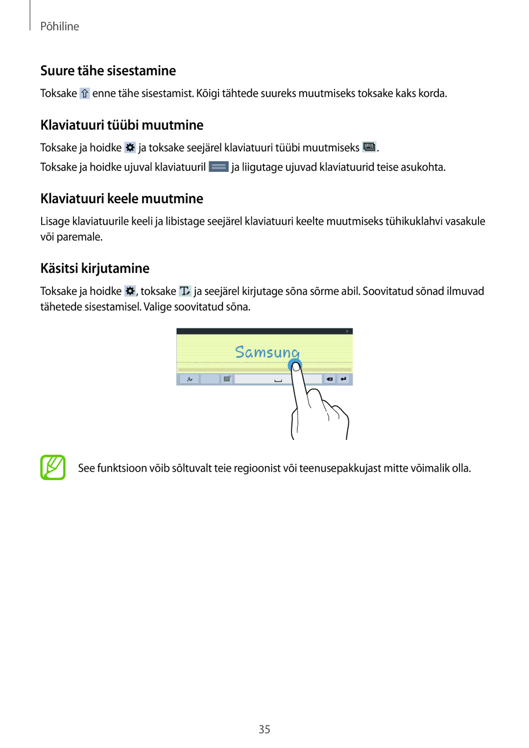 Samsung SM-T535NYKASEB Suure tähe sisestamine, Klaviatuuri tüübi muutmine, Klaviatuuri keele muutmine, Käsitsi kirjutamine 