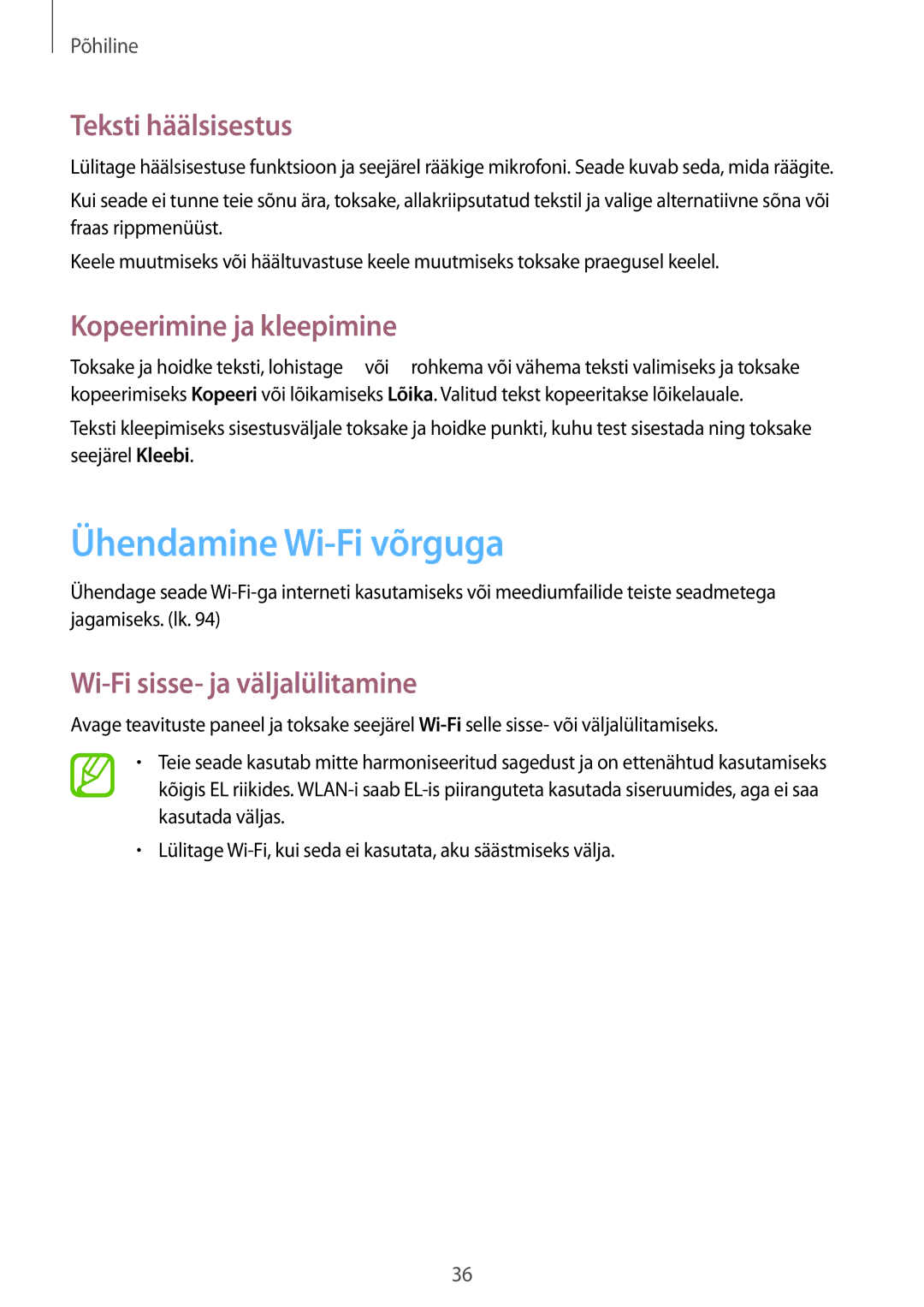 Samsung SM-T535NZWASEB, SM-T535NYKASEB manual Ühendamine Wi-Fi võrguga, Teksti häälsisestus, Kopeerimine ja kleepimine 