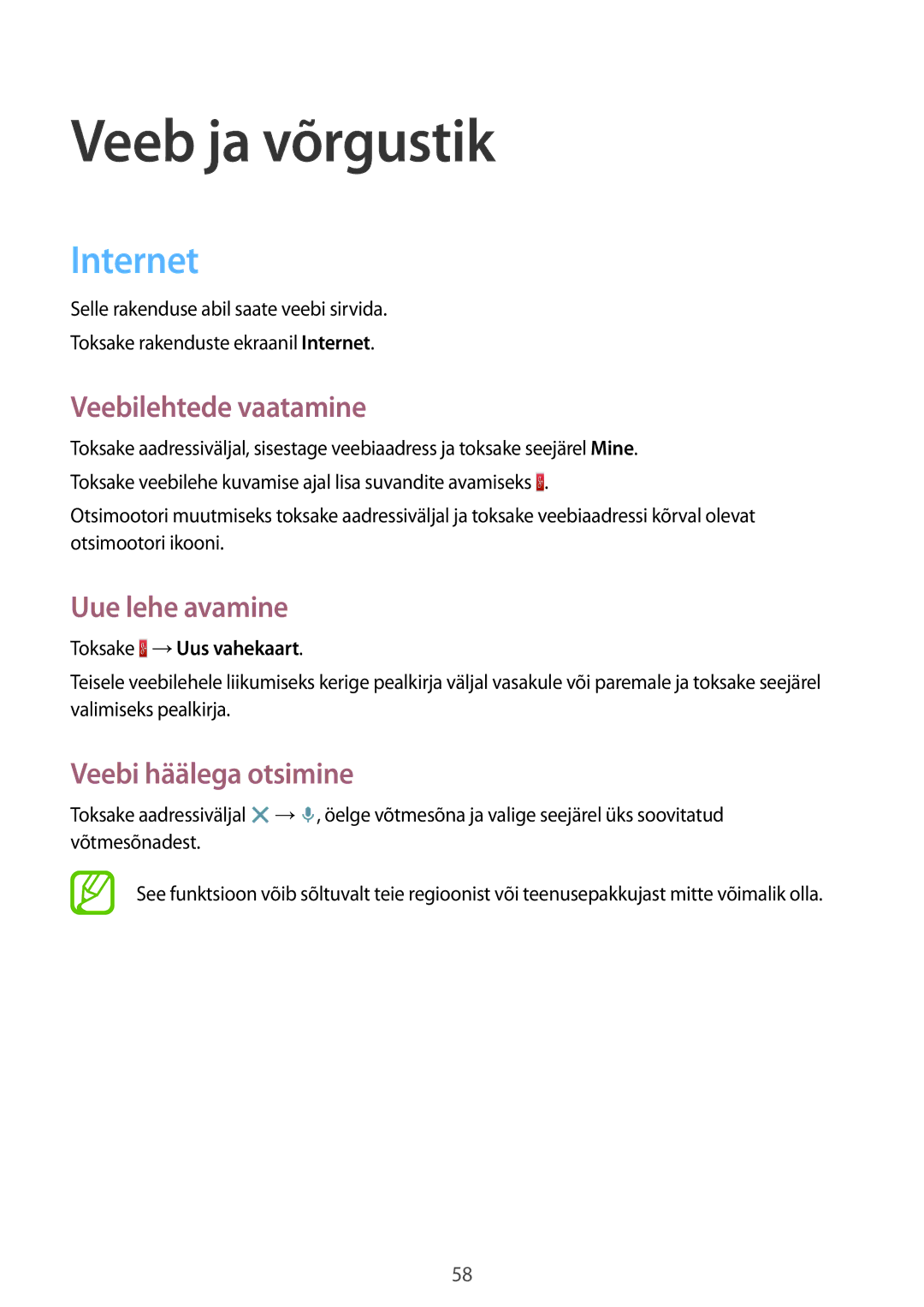 Samsung SM-T535NZWASEB manual Veeb ja võrgustik, Internet, Veebilehtede vaatamine, Uue lehe avamine, Veebi häälega otsimine 