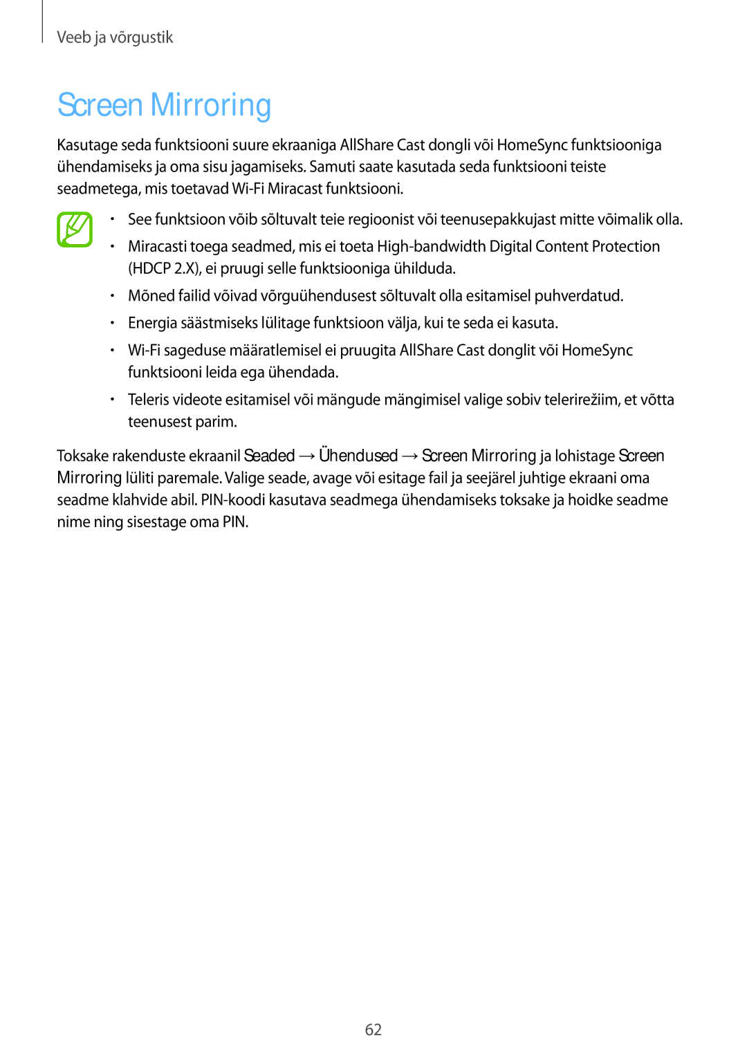 Samsung SM-T535NZWASEB, SM-T535NYKASEB manual Screen Mirroring 