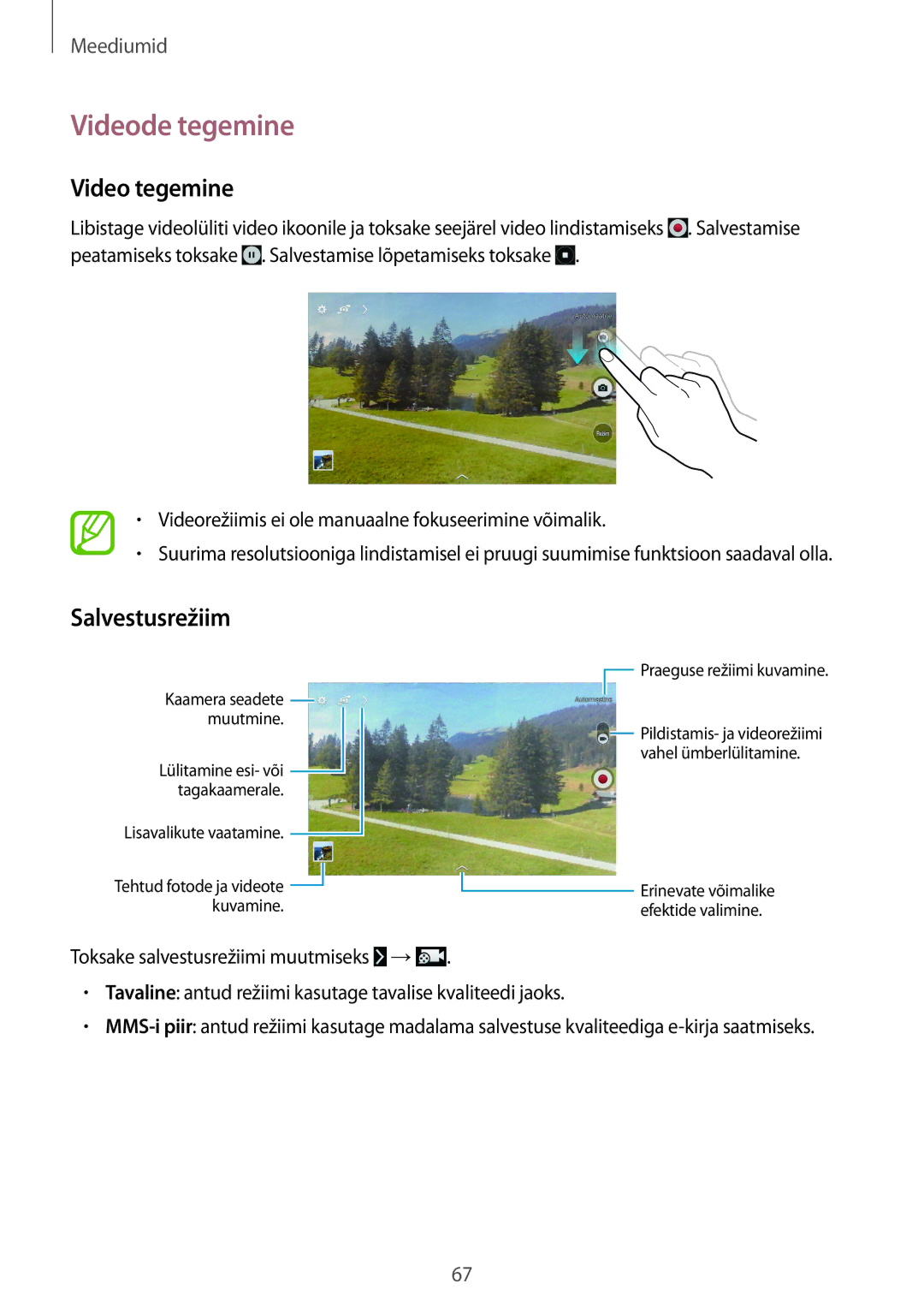 Samsung SM-T535NYKASEB, SM-T535NZWASEB manual Videode tegemine, Video tegemine, Salvestusrežiim 