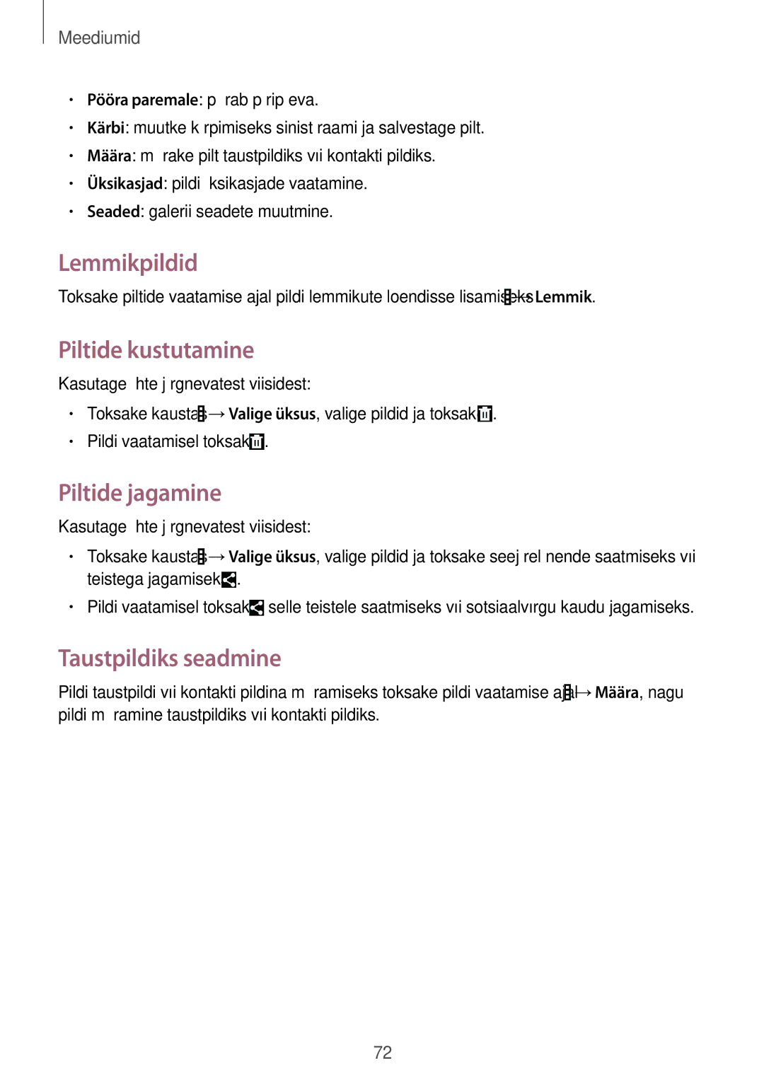 Samsung SM-T535NZWASEB, SM-T535NYKASEB manual Lemmikpildid, Piltide kustutamine, Piltide jagamine, Taustpildiks seadmine 