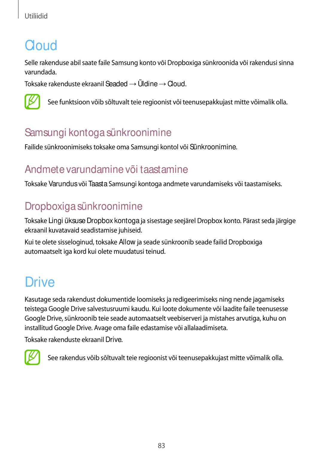 Samsung SM-T535NYKASEB, SM-T535NZWASEB Cloud, Drive, Samsungi kontoga sünkroonimine, Andmete varundamine või taastamine 