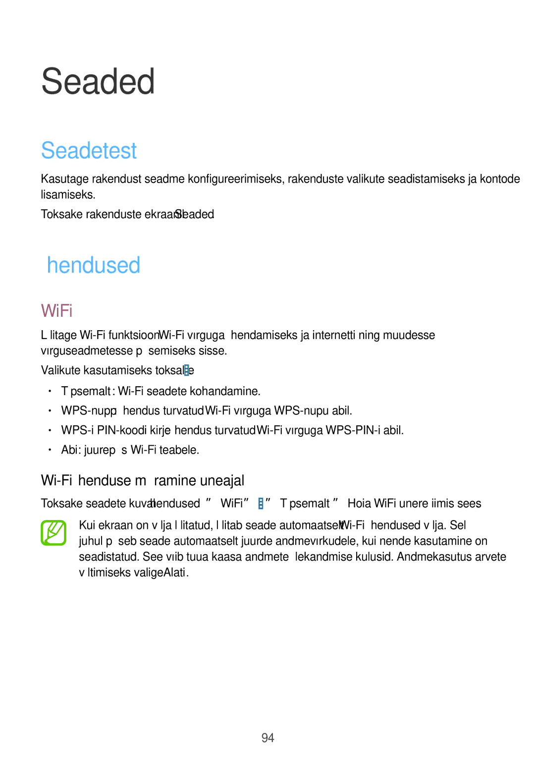 Samsung SM-T535NZWASEB, SM-T535NYKASEB manual Seaded, Seadetest, Ühendused, WiFi, Wi-Fi ühenduse määramine uneajal 